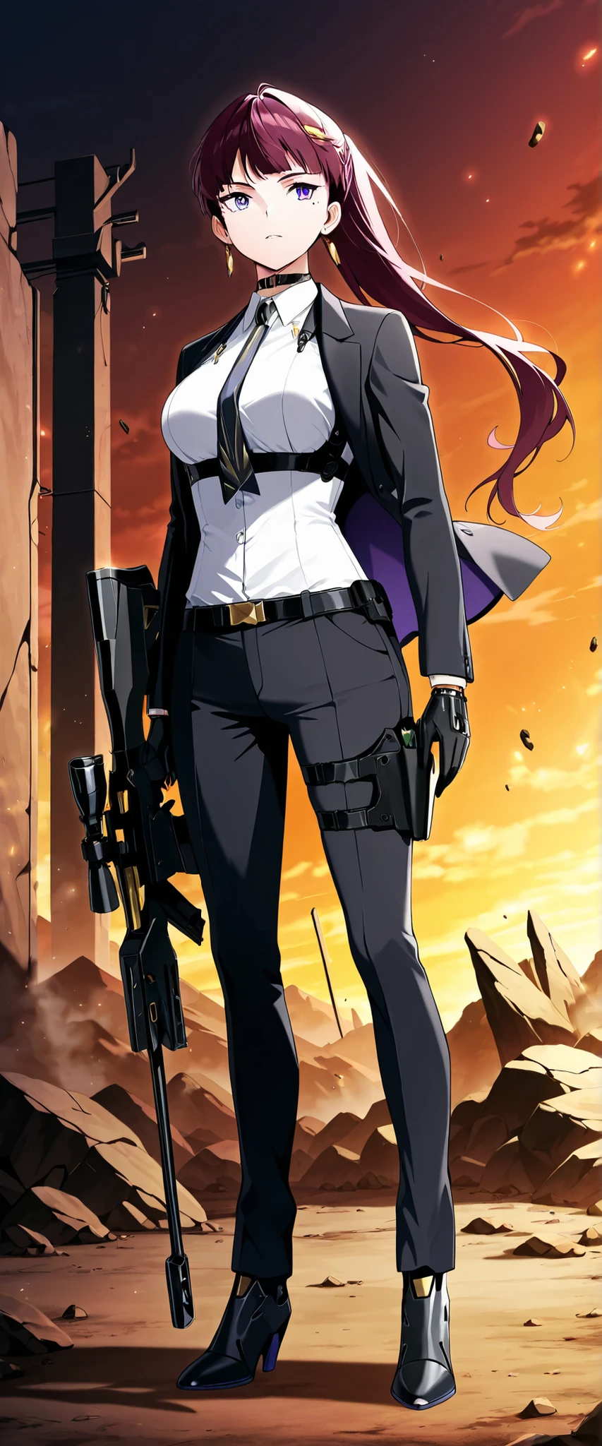 score_9, score_8_up, score_7_up,anime_screenshot,OFFICIAL ART,anime coloring, official anime artwork, screencap, anime screencap,uncensored,Newest,BREAK,1girl,solo,nikkedollasuit,BREAK,black suit jacket, black pants suit,black mechanical boots,black gloves,golden jewelries on collar,dress shirt,golden earrings, black holster on thigh,black choker, buckle, golden purple black necktie,mole under eye,harness under breast,Sniper Rifle
,BREAK,cool pose,BREAK,full body