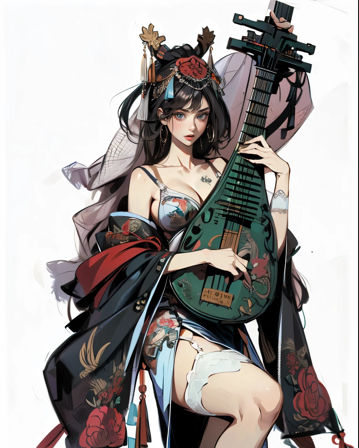 (absurdres, highres, super high resolution), trending at Art Station and Pixive, (solo), (1girl:1.5), ((white background))), ((( visible chest bone ))), (((Big breasts))), side slit skirt, Chinese Three Kingdoms dress costume, ((mesh)), Samurai girl, lingerie for beautiful women, garter belt, smiles, open mouth