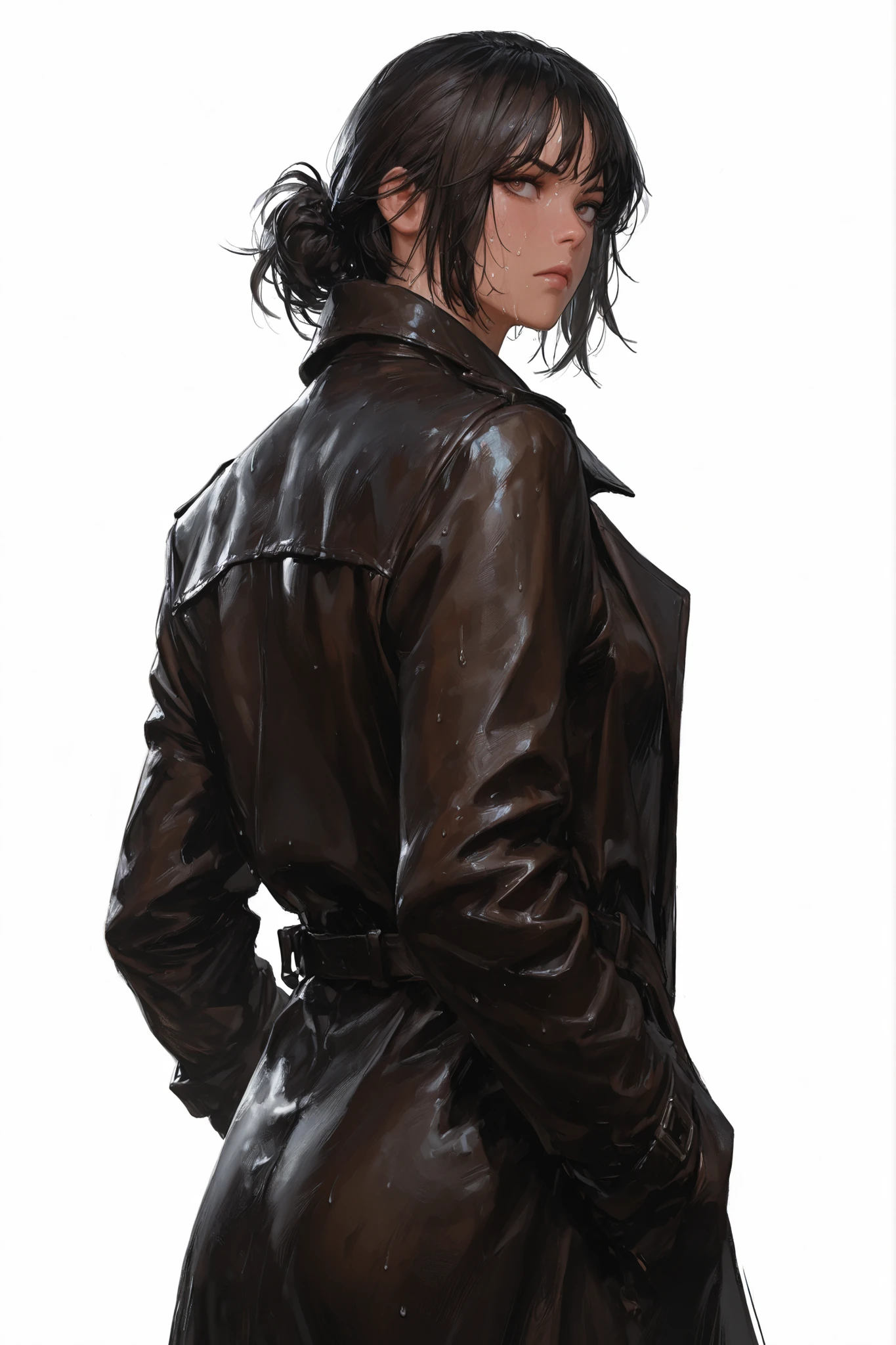 1girl, solo centered, female, sweaty, solid white background, solid background, blank background, looking back, leather trenchcoat, elegant, serious, harsh cast shadow, dramatic lighting, Korean comic style , semi-realistic art , semi-realistic art style , expressive brushstrokes , vibrant brushstrokes , impressionist painting  detailed, fullbody, guweiz style, wlop style, artgerm style, krenz cushart style, realistic portrait, masterpiece, best quality, absurdres
