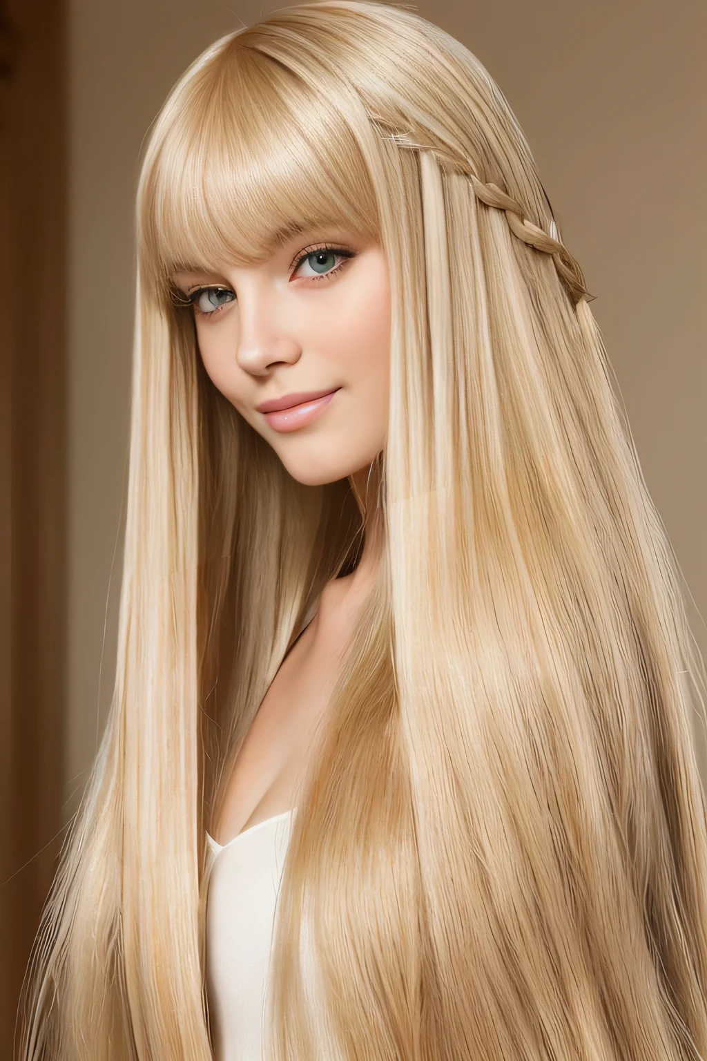 Chi girl with long blonde hair looking towards a window with garden