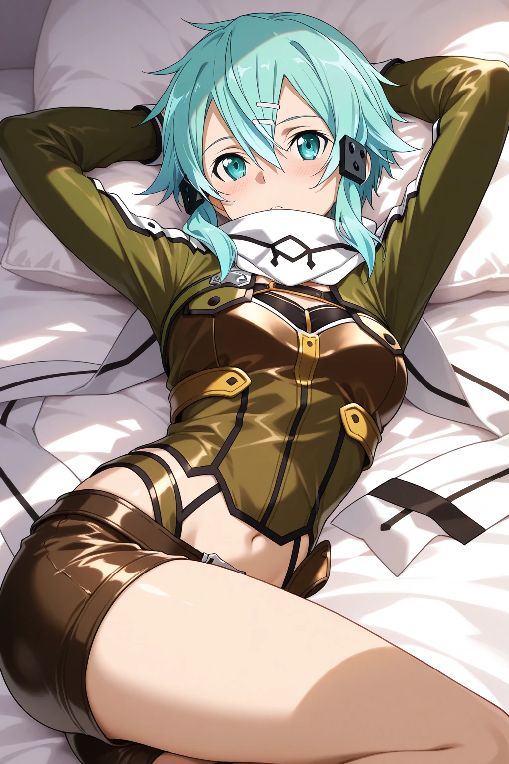 (((Gun Gale Online's Sinon gets penetrated by a man in  position)))、((The guy  and inserts his  in her pussy))、Enraptured face, Detailed details、８K image quality、hight resolution、blush spread、Curvaceous body, medium firm  ,(((Her ,  and lower body exposed)))、on the beds、ＧＧＯoutfits 、beautiful a girl、lightblue hair、Well-formed face、Shorthair、man and beautiful girl、full body Esbian、Overall view、