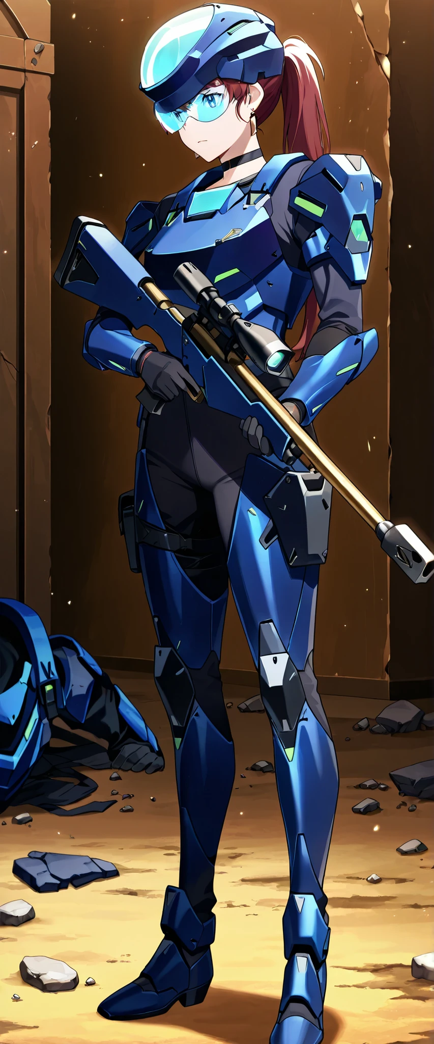 score_9, score_8_up, score_7_up,anime_screenshot,OFFICIAL ART,anime coloring, official anime artwork, screencap, anime screencap,uncensored,Newest,BREAK,1girl,solo,nikkedollasuit,ponytail,BREAK,Sniper Rifle,helmet,sniper glasses,(blue armor:1.5),black bodysuit,black gloves,golden jewelries on collar,golden earrings, black holster on thigh,black choker,BREAK,cool pose,BREAK,full body,front view