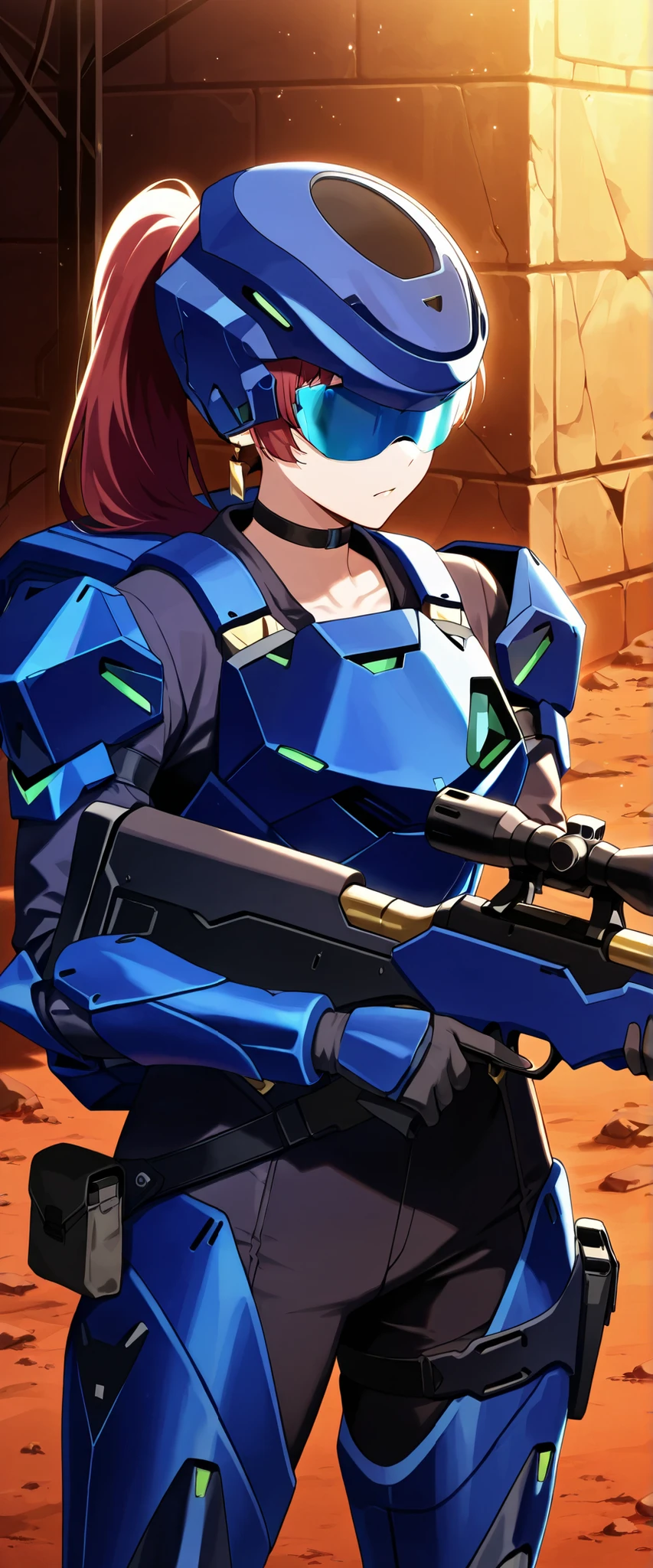 score_9, score_8_up, score_7_up,anime_screenshot,OFFICIAL ART,anime coloring, official anime artwork, screencap, anime screencap,uncensored,Newest,BREAK,1girl,solo,nikkedollasuit,ponytail,BREAK,Sniper Rifle,helmet,sniper glasses,(blue armor:1.5),black bodysuit,black gloves,golden jewelries on collar,golden earrings, black holster on thigh,black choker,backpack,BREAK,cool pose,BREAK,cowboy shot,front view