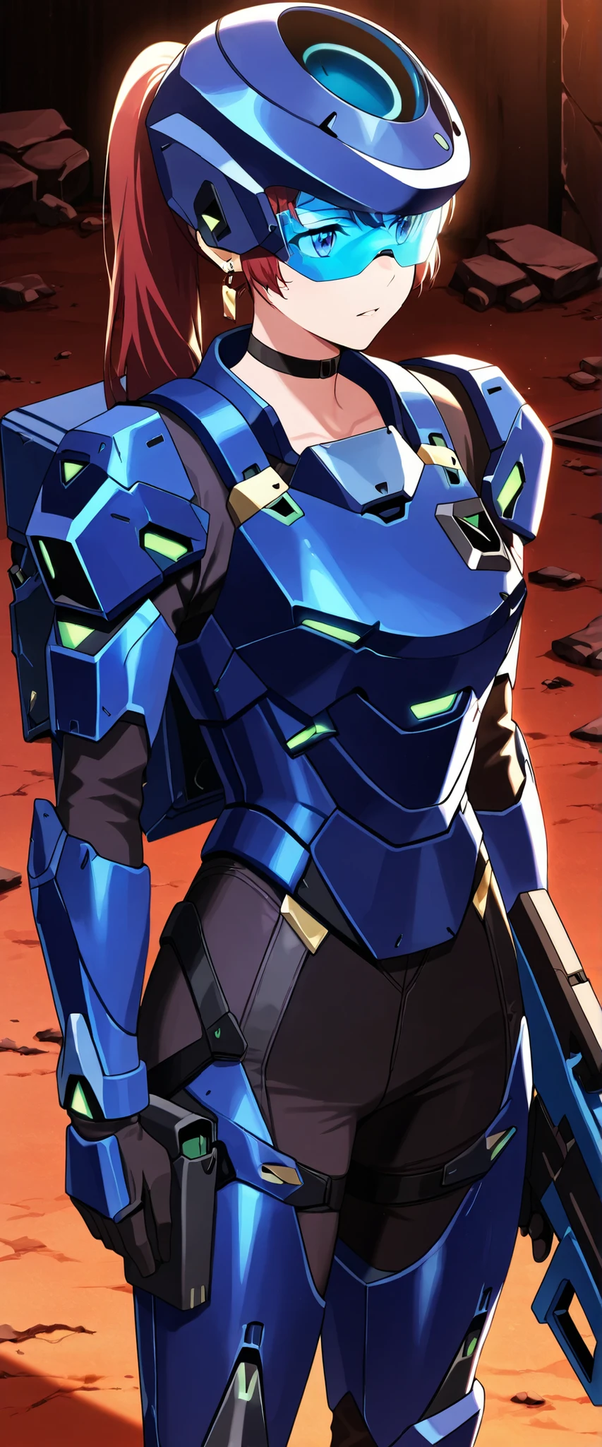 score_9, score_8_up, score_7_up,anime_screenshot,OFFICIAL ART,anime coloring, official anime artwork, screencap, anime screencap,uncensored,Newest,BREAK,1girl,solo,nikkedollasuit,ponytail,BREAK,Sniper Rifle,helmet,sniper glasses,(blue armor:1.5),black bodysuit,black gloves,golden jewelries on collar,golden earrings, black holster on thigh,black choker,backpack,BREAK,standing,cool pose,BREAK,cowboy shot,front view,sci-fi