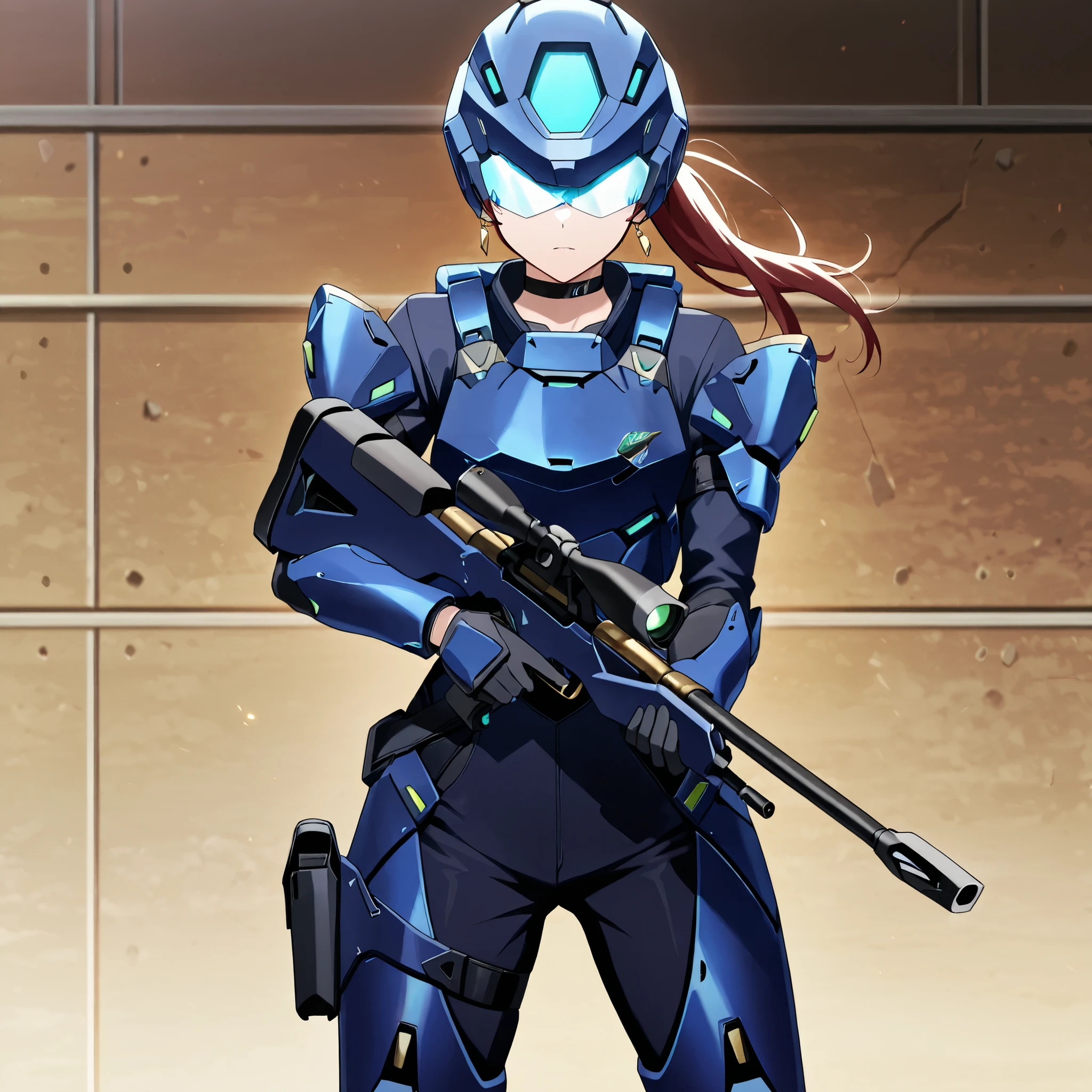 score_9, score_8_up, score_7_up,anime_screenshot,OFFICIAL ART,anime coloring, official anime artwork, screencap, anime screencap,uncensored,Newest,BREAK,1girl,solo,nikkedollasuit,ponytail,BREAK,Sniper Rifle,helmet,sniper glasses,(blue armor:1.5),black bodysuit,black gloves,golden jewelries on collar,golden earrings, black holster on thigh,black choker,backpack,BREAK,shooting stance,BREAK,cowboy shot,front view,sci-fi
