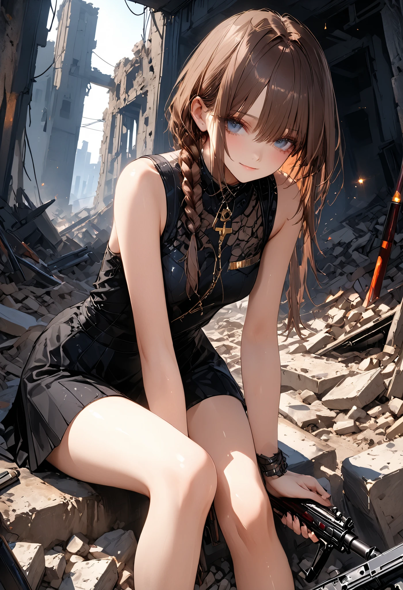 Transcendental Beautiful Girl Warrior、Amazing Hunter with Sharp Movements、Skilled Hunter Hunting for Insects、Inside the Ruins of a Ruined Earth、Buried in rubble、shotgun、brown hair,shortcuts,unkempt hair,Short braided hair,Neat,slender beauty,correct attitude,small breasted,beautiful legs,Her enchanting gray-blue eyes are shining like stars,Saggy Eyes,bright color,beautiful eyes,A delicate smile,Textured Skin,BEST QUALITY THE BEST,gentle and beautiful woman,anime style、、masterpiece,(masterpiece),fuill body ,best quality ,(Highest Quality), cinematiclighting ,(cinematic lighting)、beautiful detailed eyes ,eye detail connected to an electric wire,uitra-detailed,(Super Detailed),highresolution, (high definition),8k,8K resolution,official art,(official illustration style),Realistic Portrait Full of Details、4K ultra high definition、HDR、studio lighting、photorealistic、Professional Quality、Vivid color development、deep depth of field、