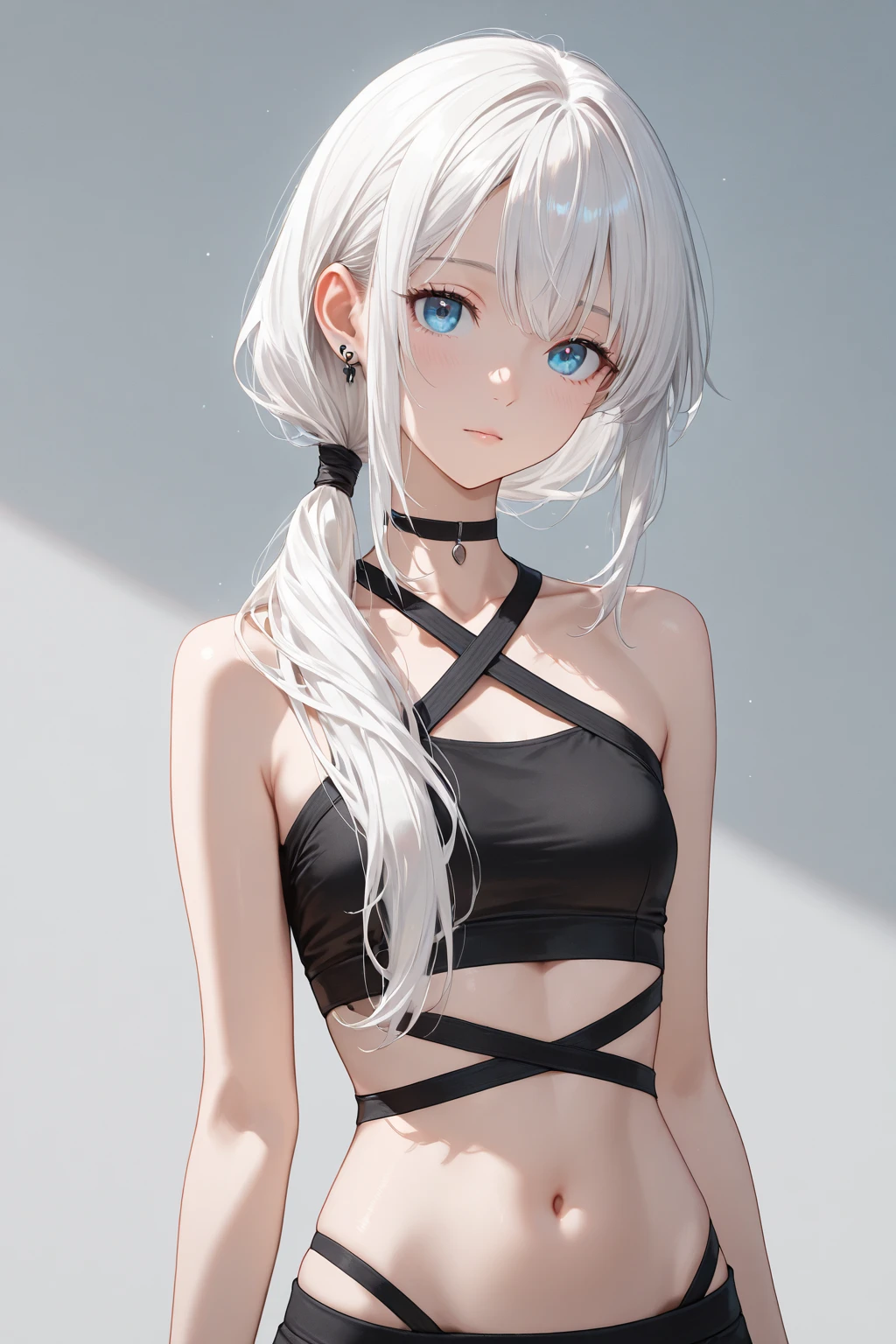 female character, 15 years old, pale and white skin, dark blue eyes, white hair, wavy and long, slim, beautiful, black shorts close to the skin, long black sleeveless neck t-shirt close to the skin, small breasts, small waist