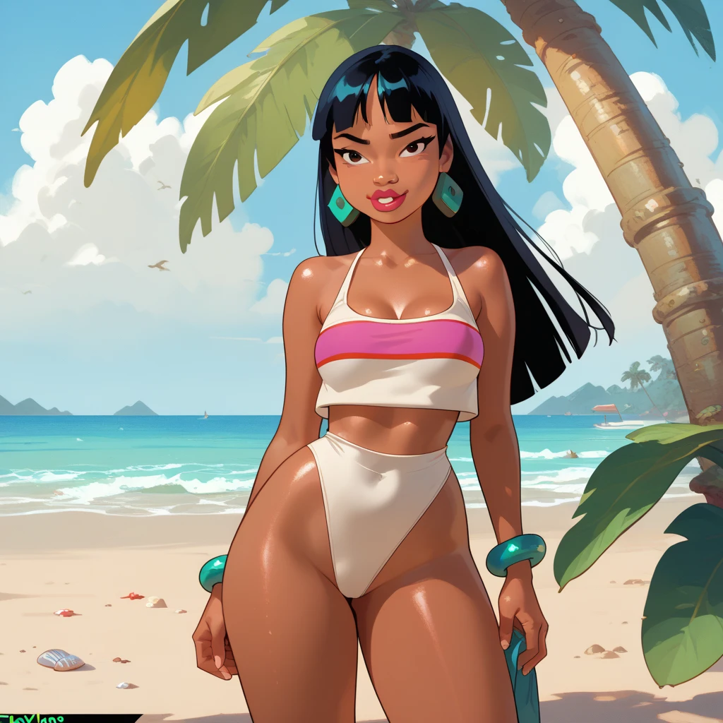 (masterpiece, best quality), (Detailed face:1.2), (Detailed eyes:1.2), 1girl, nessaswim, nessarnd, nessaholiday, dark skin, makeup, , sunhat, orange  bra, denim short-shorts, standing, outdoors, dusk, sunset, on the beach
