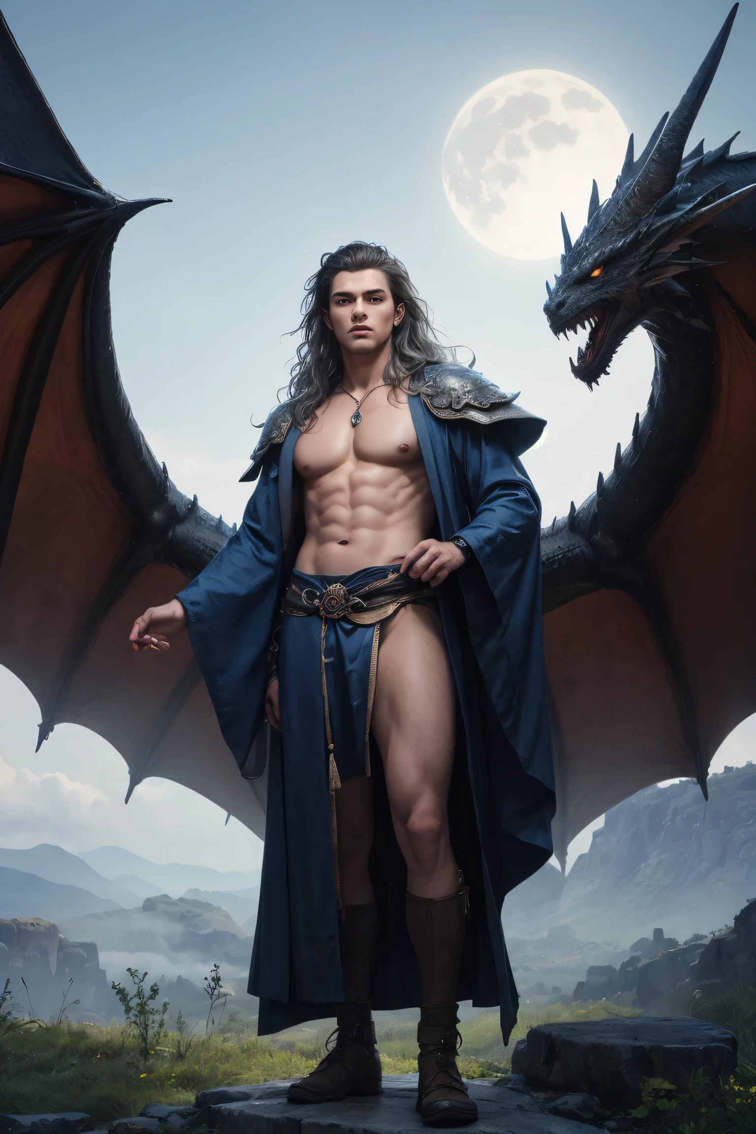 Male angel against a dragon