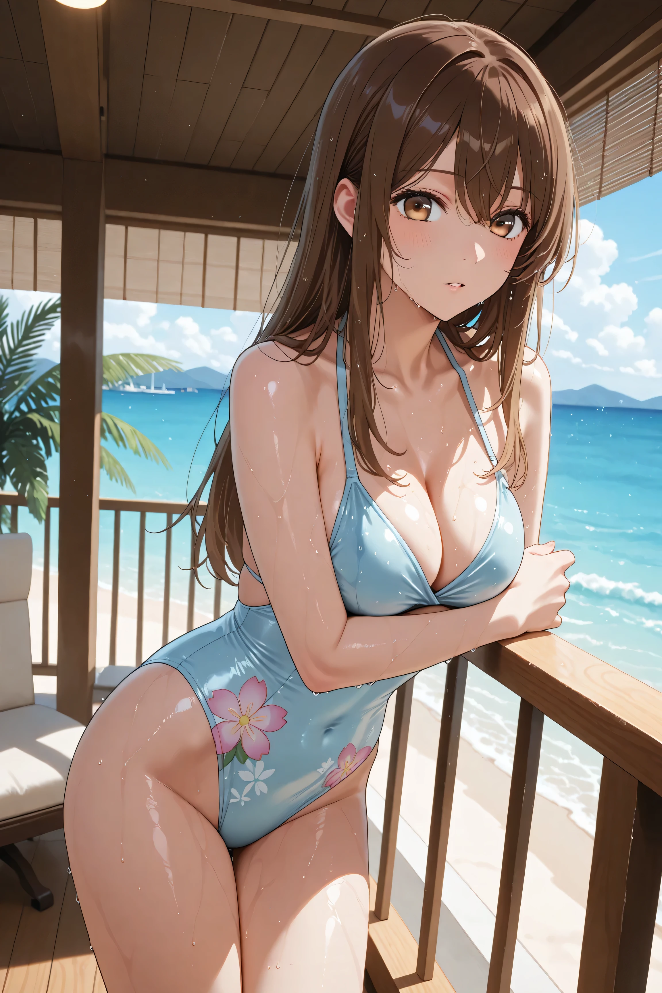 I had medium brown hair、Japanese woman in a light blue floral swimsuit、while basking in the morning sun on the Balcony of a luxury resort hotel、Balcony、Kiss me deeply、women and men、高級リゾートホテルのBalconyで朝の太陽を浴びながら、A Japanese woman with medium brown hair wearing a swimsuit、They are hugging a man in a swimsuit violently 、wet body