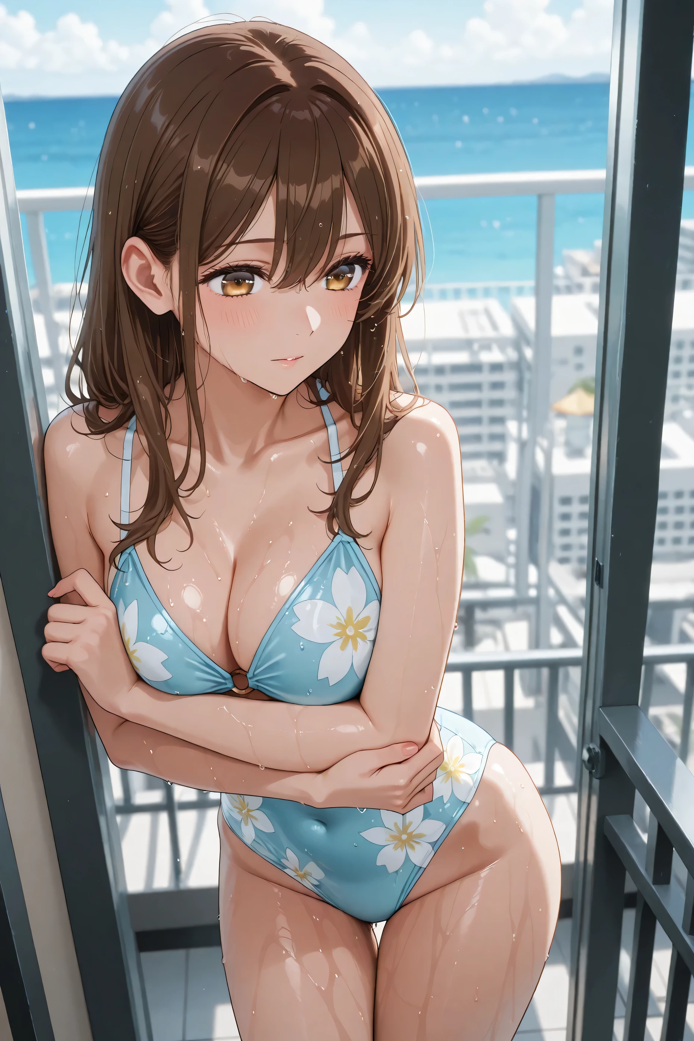 I had medium brown hair、Japanese woman in a light blue floral swimsuit、while basking in the morning sun on the Balcony of a luxury resort hotel、Balcony、Kiss me deeply、women and men、高級リゾートホテルのBalconyで朝の太陽を浴びながら、A Japanese woman with medium brown hair wearing a swimsuit、They are hugging a man in a swimsuit violently 、wet body