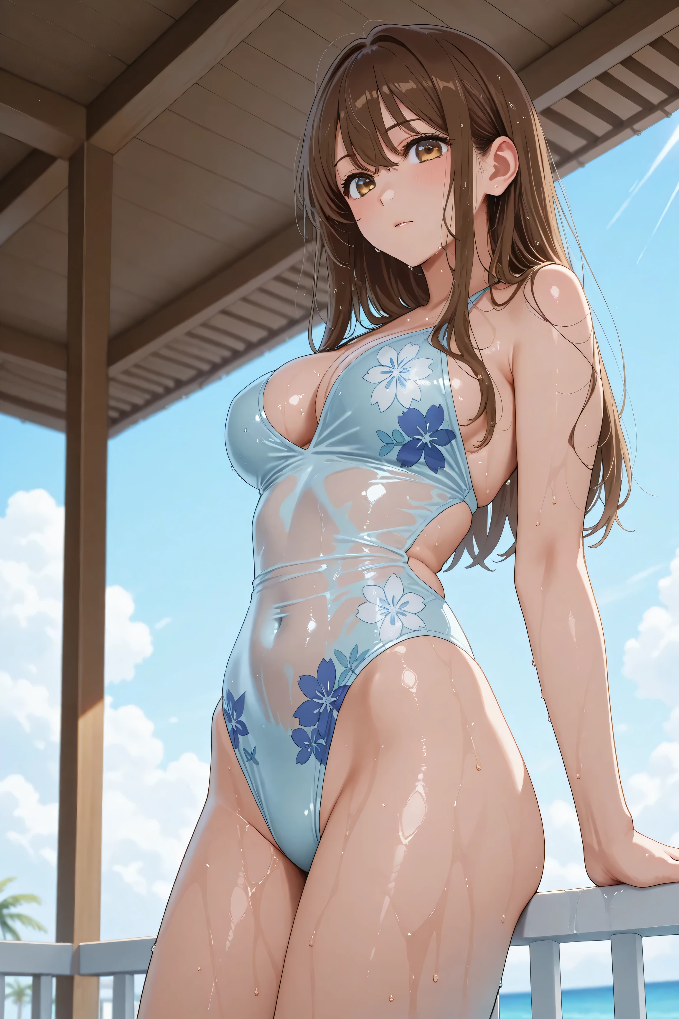 I had medium brown hair、Japanese woman in a light blue floral swimsuit、while basking in the morning sun on the Balcony of a luxury resort hotel、Balcony、Kiss me deeply、women and men、高級リゾートホテルのBalconyで朝の太陽を浴びながら、A Japanese woman with medium brown hair wearing a swimsuit、They are hugging a man in a swimsuit violently 、wet body