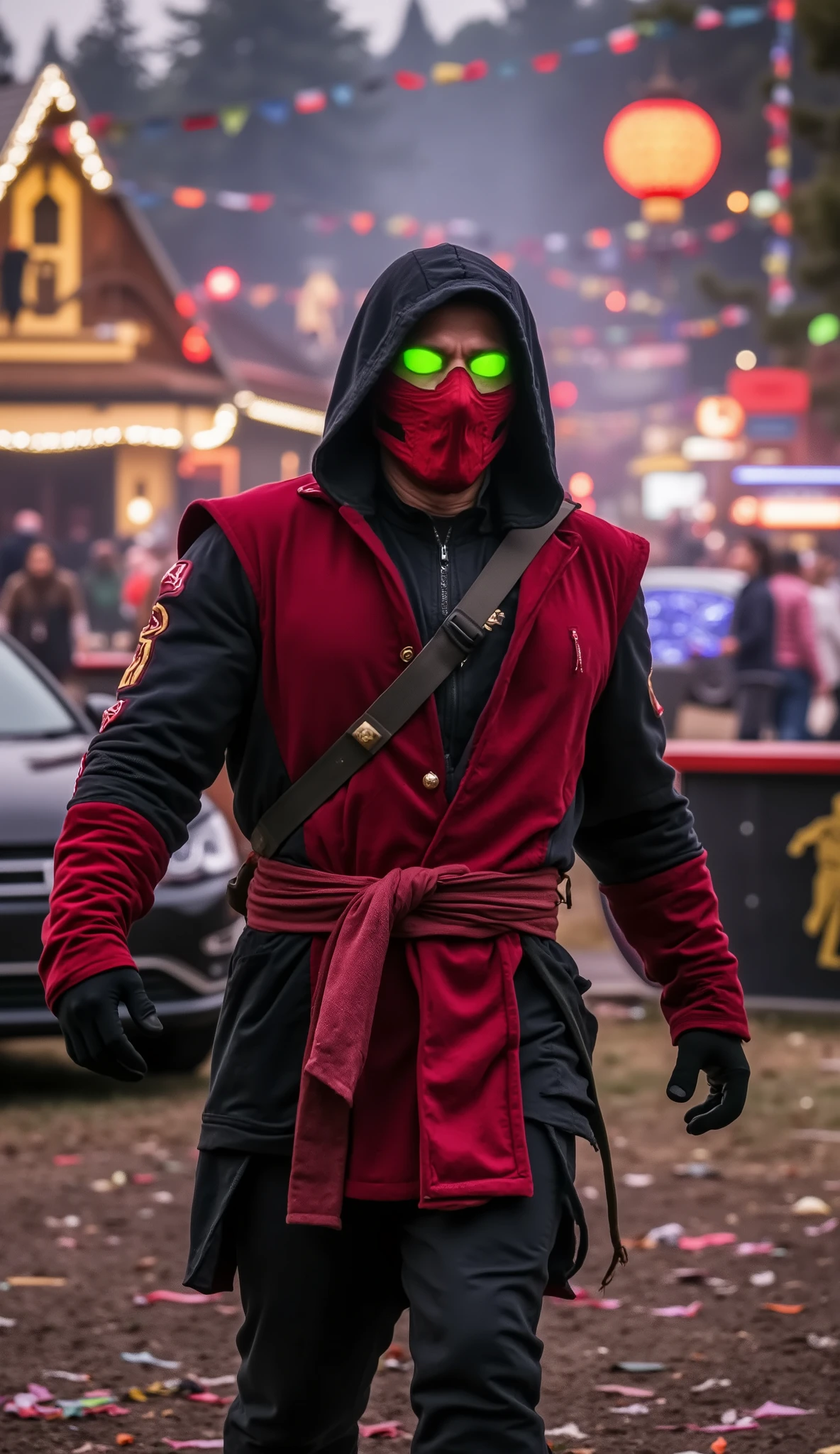 Close up Ben AFFLECK as Ermac from Mortal Kombat with his red ninja costume and red iron mask with glowing green eyes, in the background Wooden houses filled with flags, lanternas coloridas; cars with party decals, people dancing; lake illuminated with RGB lights; multicolored neon benches; black marble pilasters with golden party boy; Streamers on the ground.
Atmosfera alegre, vibrante, cheia de movimento.
8K festival vibe.