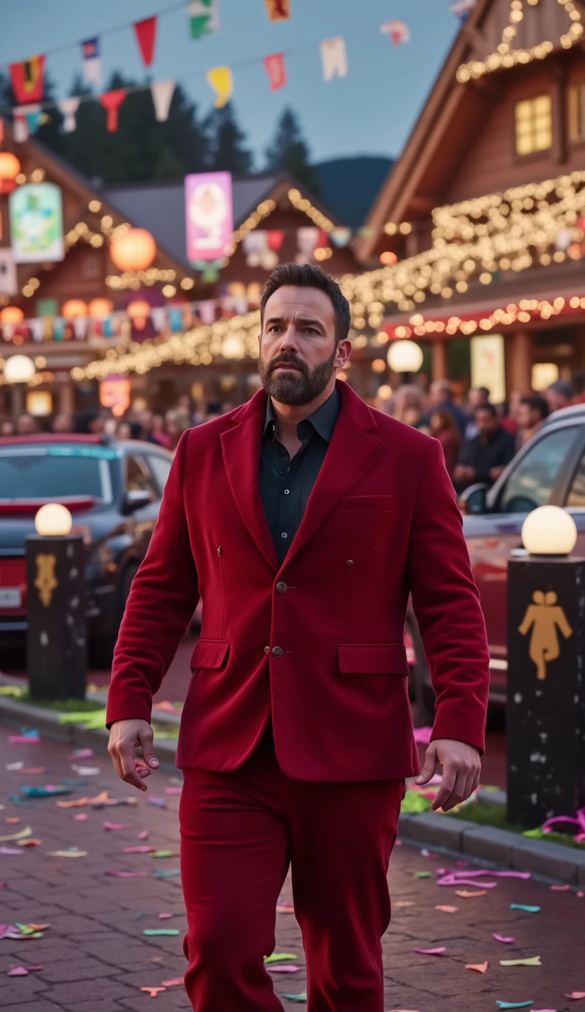 Close up Ben AFFLECK in red suit with black details, in the background Wooden houses filled with flags, lanternas coloridas; cars with party decals, people dancing; lake illuminated with RGB lights; multicolored neon benches; black marble pilasters with golden party boy; Streamers on the ground.
Atmosfera alegre, vibrante, cheia de movimento.
8K festival vibe.