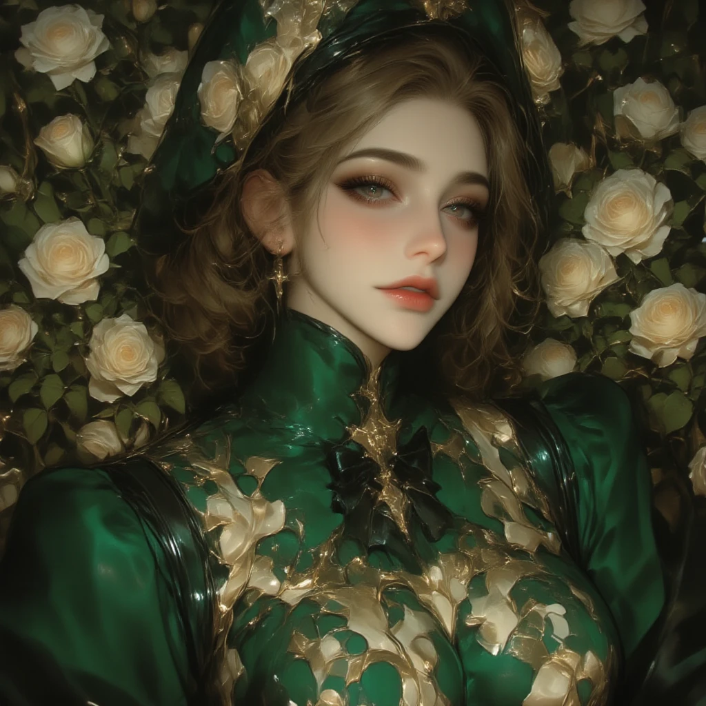 Emerald tiara, Green Pearl Necklace, ボーイッシュな非常に短いGreen Hair, Green Lips, Smiling Japanese woman, Very short hair, Busty beautiful lady, Green Eyes, Green satin long gloves, Green Eyes, Emerald Earrings, Green veil, Heart with both hands, Green Hair, Beautiful Japanese Women, Heart shaped hands:1.3, green lip gloss