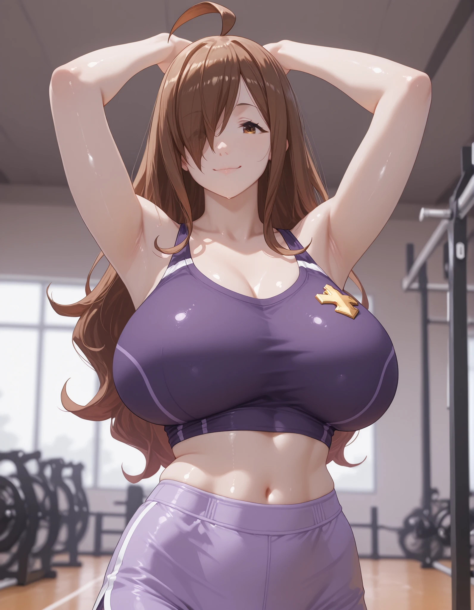 score_9, masterpiece, top quality, vibrant, Very Aesthetic, High Contrast , Semi-realistic, , natural light, wiz,wiz \(konosuba\), long hair, light brown hair, hair over one eye, bangs,ahoge, brown eyes, , huge breasts,, Purple shirt, , athletic body, midriff, wide hips, thin waist, thick thighs, sexy smile,, shiny skin, seductive, , vivid colors,, , dynamic pose, ,shiny skin, look at viewer, perfect anatomy, indoors, , blurry background, light purple shorts, sport clothes, perfect hand, gym, indoors,, upper body, portrait, arms up, bare shoulders, armpits,