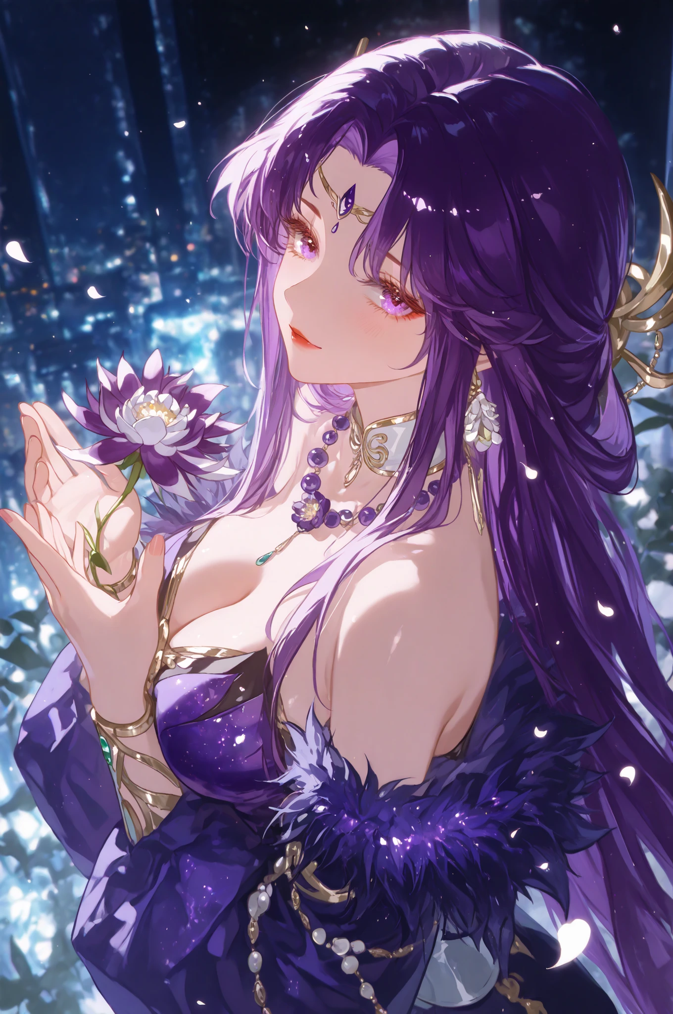 (masterpiece:1.5), illustration, 4k, 8k, (high quality:1.1), highly detailed, detailed face, HDR, vivid colors, natural lighting, pretty eyes, beautiful face, ((standing in a (fantasy world) with (purple) trees)), purple grass and shrubbery, ((supermassive black hole in sky:1.4), accretion disk), stars in sky,

1girl, ganyu \(genshin impact\), ahoge, bangs,  shoulders, bell, black gloves, black pantyhose, (blue hair), blush, breasts, chinese knot, detached sleeves,  flower knot, gloves, horns, long hair, medium breasts, neck bell, night, outdoors, pantyhose, purple eyes, sidelocks, solo, tassel, white sleeves,