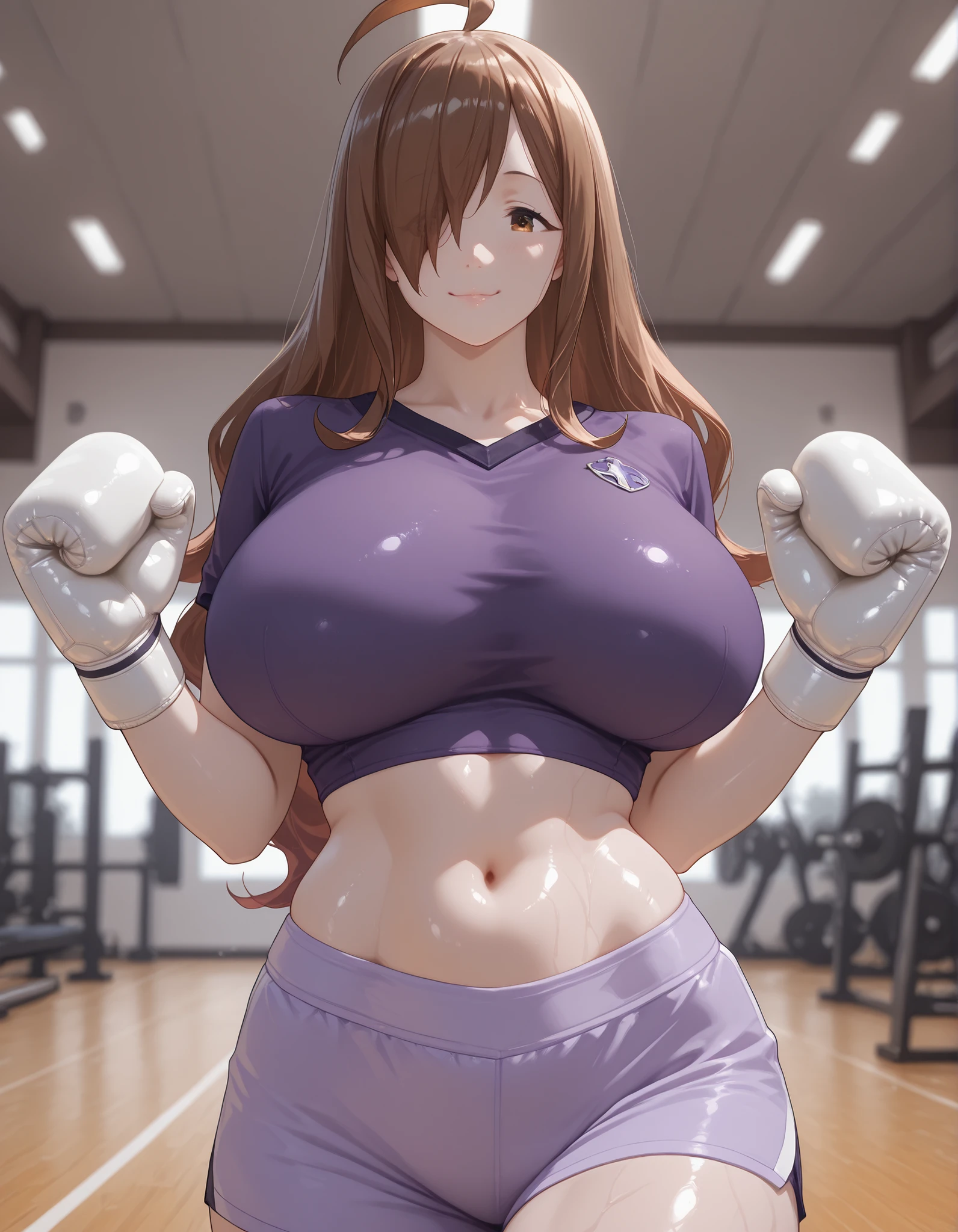 score_9, masterpiece, top quality, vibrant, Very Aesthetic, High Contrast , Semi-realistic, , natural light, wiz,wiz \(konosuba\), long hair, light brown hair, hair over one eye, bangs,ahoge, brown eyes, , huge breasts,, Purple shirt, , athletic body, midriff, wide hips, thin waist, thick thighs, sexy smile,, shiny skin, seductive, , vivid colors,, , dynamic pose, ,shiny skin, look at viewer, perfect anatomy, indoors, , blurry background, light purple shorts, sport clothes, perfect hand, gym, indoors,, upper body, portrait, white boxing gloves,