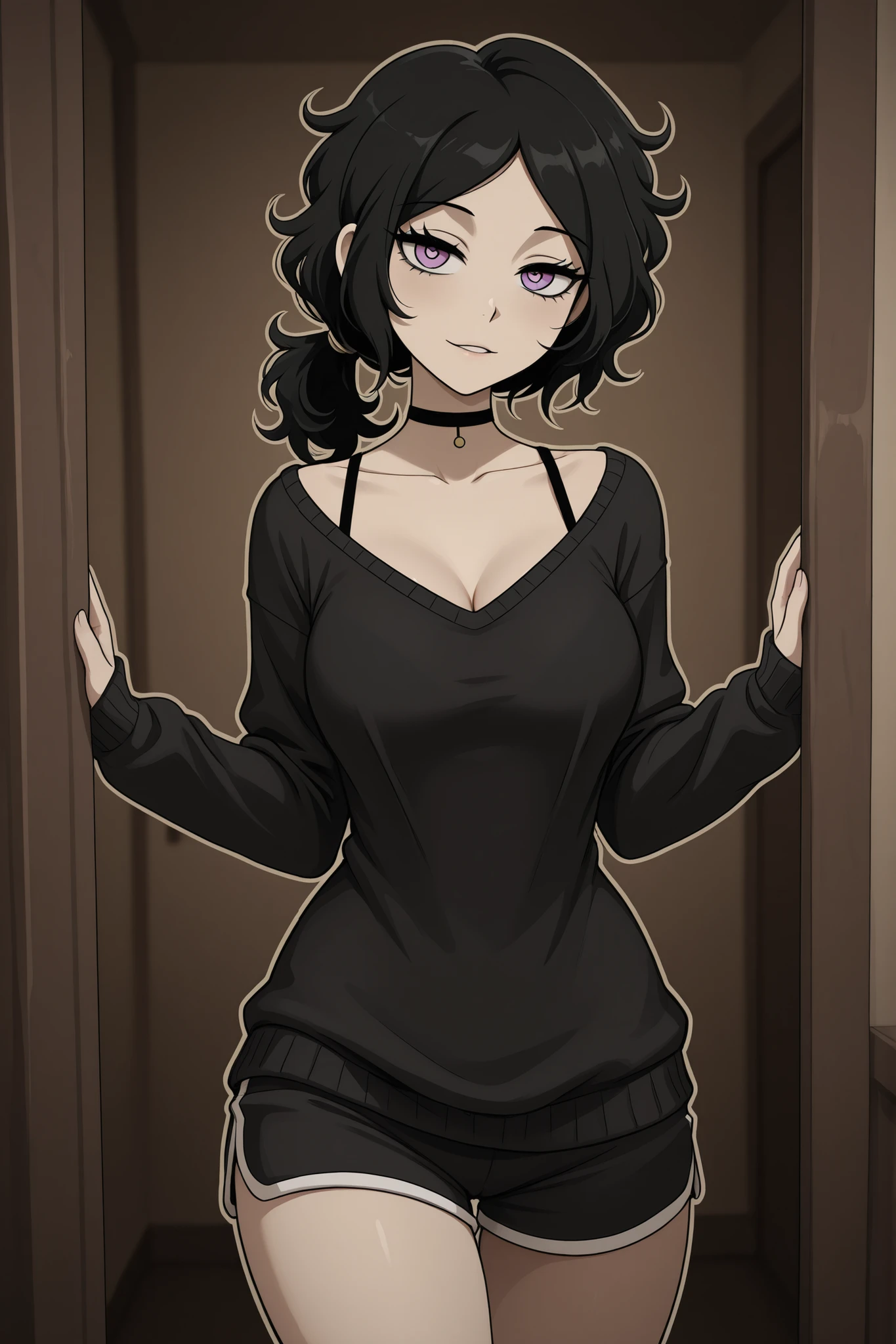 masterpiece, ultra highres, best quality, Ashley Graves, artistic outline style, visible bra strap peeking, elegant choker accentuating neck, form-fitting shorts highlighting curves, loose sweater partially revealing shoulder, sensual pose, alluring expression, soft lighting,  atmosphere