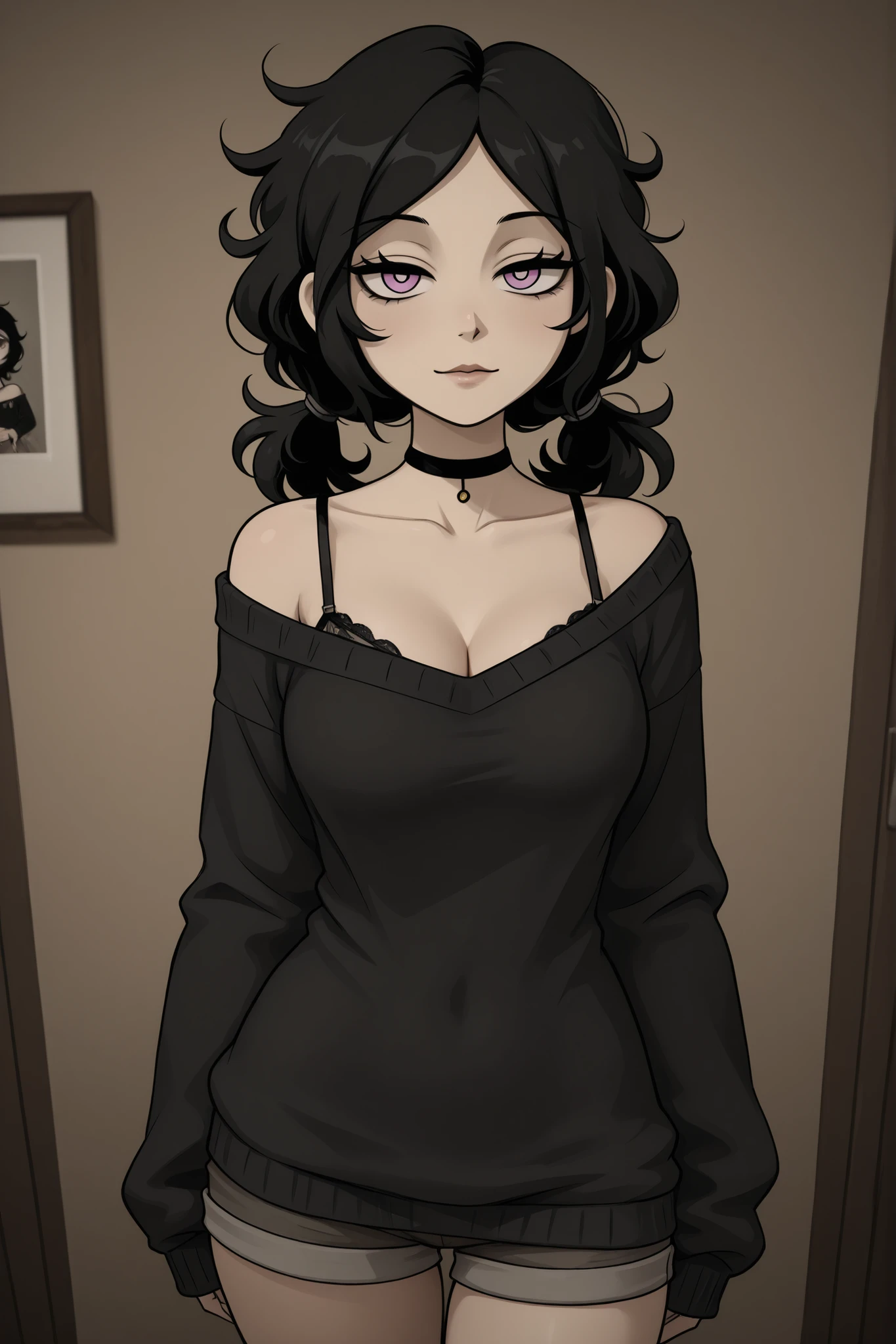 photography, ultra-detailed, RAW photo, Ashley Graves, distinctive outline aesthetic, delicate bra strap visible, black choker adorning neck, tight shorts emphasizing , oversized sweater casually sliding off shoulder,  gaze, intimate setting, tasteful  composition