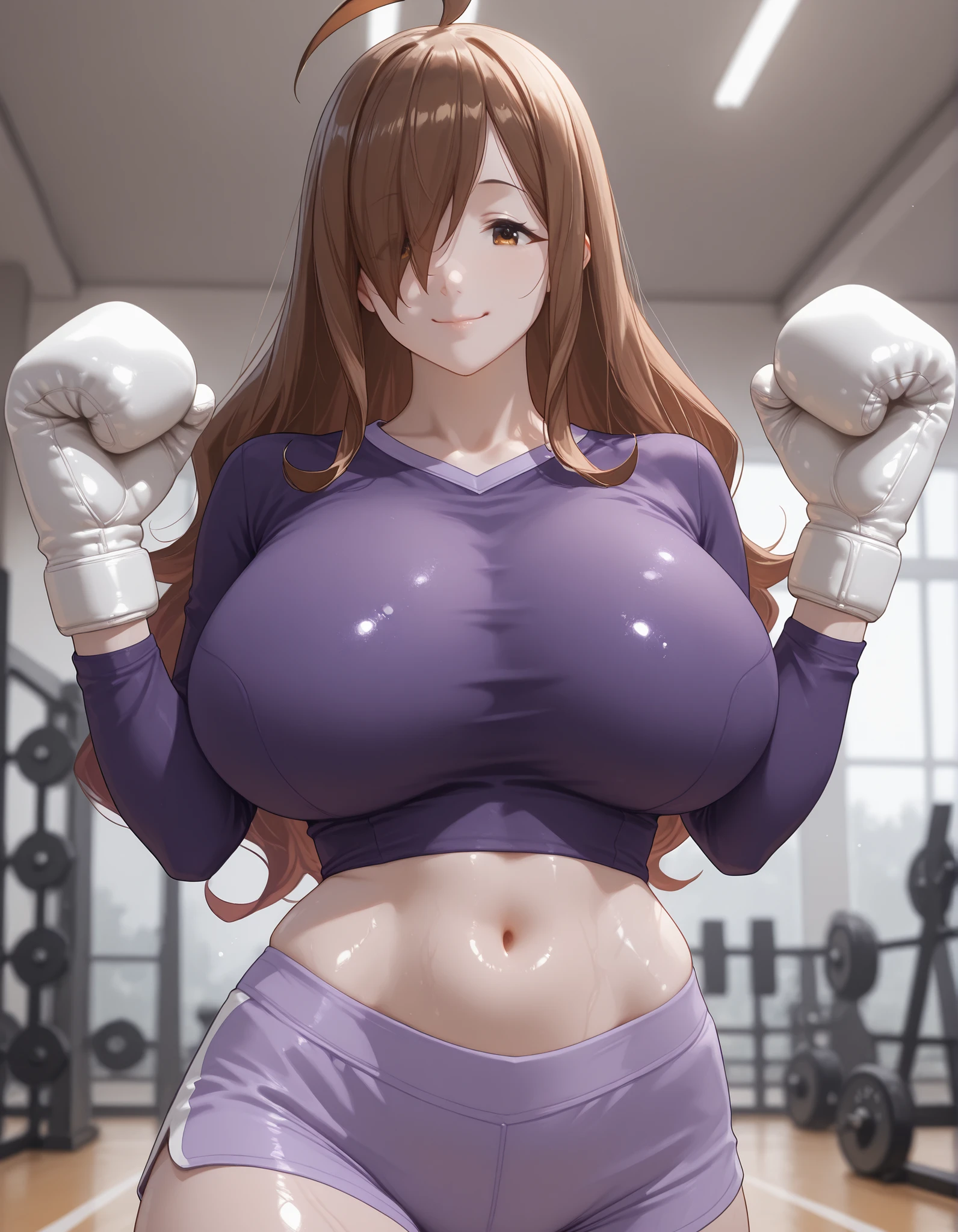 score_9, masterpiece, top quality, vibrant, Very Aesthetic, High Contrast , Semi-realistic, , natural light, wiz,wiz \(konosuba\), long hair, light brown hair, hair over one eye, bangs,ahoge, brown eyes, , huge breasts,, Purple shirt, , athletic body, midriff, wide hips, thin waist, thick thighs, sexy smile,, shiny skin, seductive, , vivid colors,, , dynamic pose, ,shiny skin, look at viewer, perfect anatomy, indoors, , blurry background, light purple shorts, sport clothes, perfect hand, gym, indoors,, upper body, portrait, white boxing gloves,