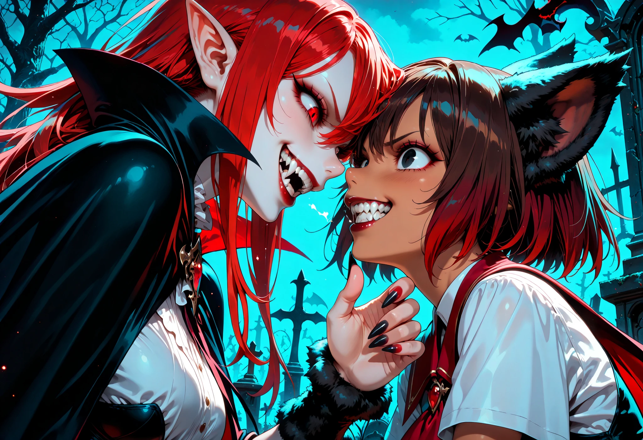 Very High resolution,cute anime-style,masterpiece,best quality,amazing quality,hyper-detailed,very aesthetic,From side,A cemetery at night,A female vampire and a female werewolf are fighting,They are far apart,The female vampire is swinging her arms as if scratching,Crimson hair,Long hair,Her hair is fluttering in the air as she moves,(white skin:1,3),Crimson eyes,Narrow eyes,Slightly open eyes,(Vampire fangs protruding from between her lips:1.2),(grinning:1.2),(Screeching her teeth:1.3),A vampire suit,A vampire cloak,(Long and pointed nails:1.2),Red nail polish,The female werewolf has her arms outstretched defensively,Brown hair,Wolf ears,Short hair,Tanned skin,Black eyes,Big eyes,(Vampire fangs protruding from between her lips:1.3),Dark red lipstick,Closed mouth,Anger,Hatred,A simple shirt,Short sleeves,Hot pants,Wolf paws,(Long and pointed nails:1.2),black nail polish