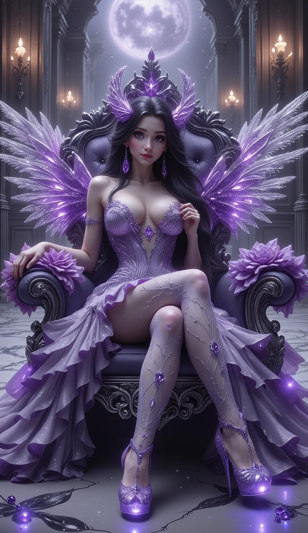 ((best quality)), ((masterpiece)), (4K ultra hd), (hyper detailed), ((Hyper realistic)), purple fairy sitting on a throne with wings and purple shoes, a beautiful fantasy empress, beautiful fantasy art, fantasy woman, 4k fantasy art, amazing fantasy art, very beautiful fantasy art, hd fantasy art, detailed fantasy art, beautiful fantasy maiden, digital fantasy art ), detailed fantasy digital art, ((a beautiful fantasy empress)), gothic fantasy art, beautiful elegant demon queen, pinky nipple slip on dress