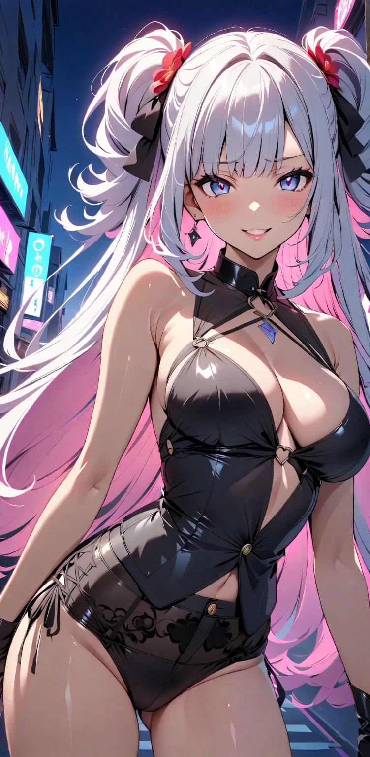 (masterpiece, Highest quality), (Ultra-high resolution, 8k RAW photos, Photorealistic:1.5, Fabric Shading, Light tones, Thin contours), Beautiful mature woman, Classic maid outfit, tall and leggy, perfect face shape, Long white hair, Rimless glasses, Upper body, High neck sweater, Black Silk, , (Mature Woman:1.5, 28 years old, alone), (Large Breasts, Saggy breasts, big , Tight waist), (Long white hair, Hair on one eye, Asymmetrical Hair), (Bright Eyes, Fine grain, A face with attention to detail, Bloodshot eyes), (smile, Embarrassed), (Looking at the audience:1.3), (Dynamic Angle, From below), (Correct :1.5, The right move), (Ideal body proportions),