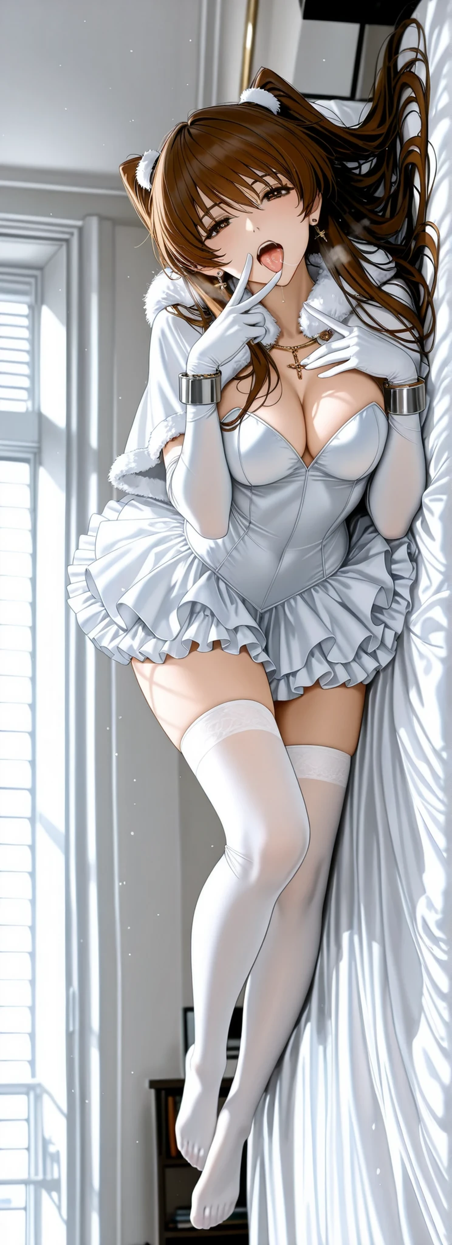 1girl, huge tit, The golden ratio, Proper composition,BEAUTIFUL ILLUSTRATION, (masterpiece, detailed:1.2), maorix, score_9, score_8_up, score_7_up, score_6_up, score_5_up, 1girl, huge tit, close-up, Perfect configuration, super quality, 8k, super quality, beautiful Japanese woman, teen, face close-up, detailed eyes, careful brown iris, transparent brown eyes, high resolution, 5 anatomically correct fingers, anatomically correct ratio:1.331,  Tiny Head:1.331, detailed skin, detailed face, dynamic pose, The viewer looks up at her, open eyes, 
ogiso setsuna, expressionless, mouth close, ogiso setsuna\(white album 2\), 1girl, brown hair, brown eyes, long hair, (beauitful eyes, detailed eyes), Top Quality, very detailed, bedroom, bed, lying on side, medium breasts, solo female, white dress, frilled dress, white thighhighs, white cape, gloves, fur trim, jewellery, jewelry, metal bracelet, earrings, 5 fingers, dynamic pose, dynamic composition, (oral gesture), open mouth, tongue out, saliva string in mouth, naughty face, deep breathing, dakimakura, full body, (face focus:1.2), 