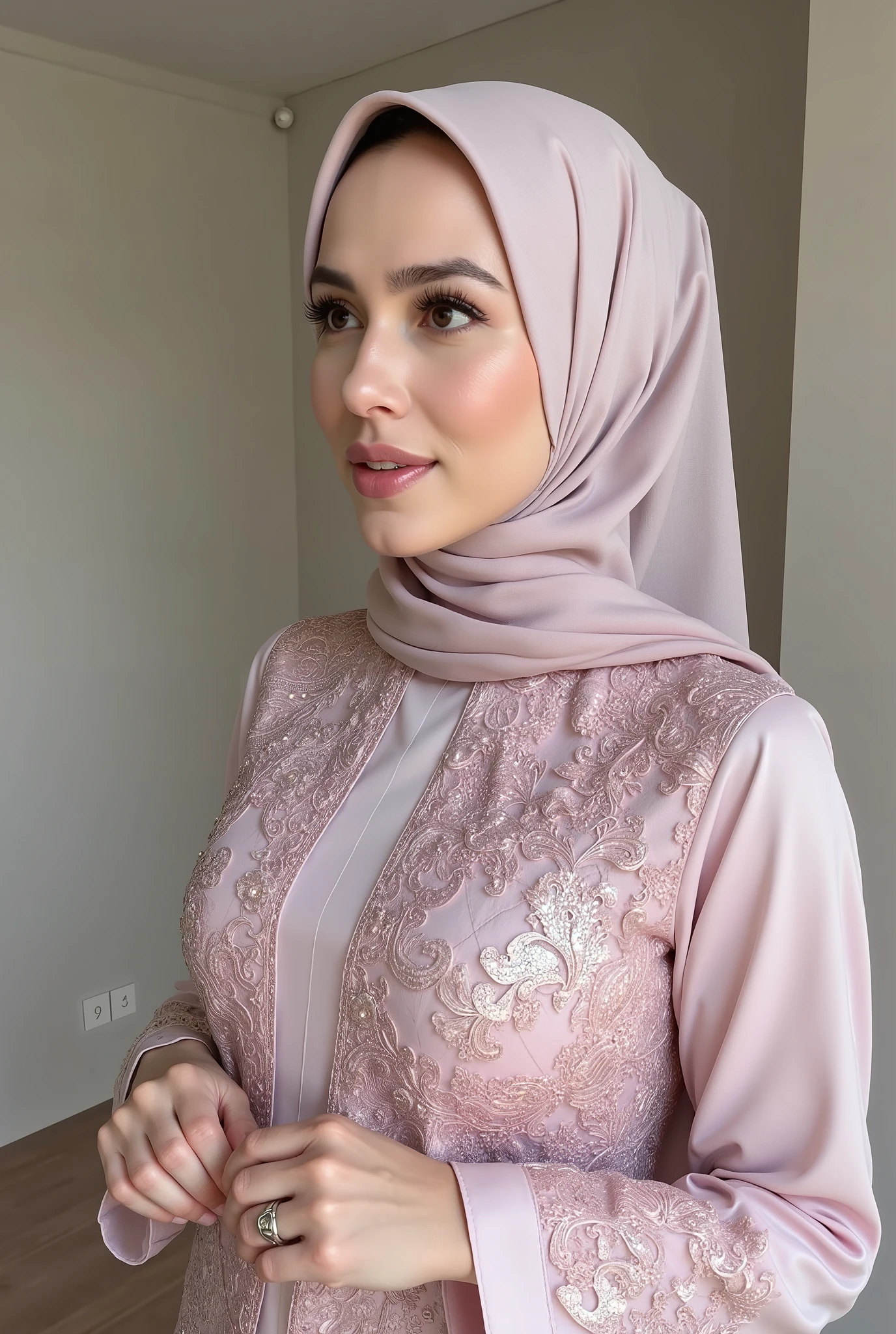 hyper HD, Masterpiece, Textured skin, 8K, Best quality of potrait a Beautiful hijab asian woman white fairy skin wearing kebaya outfit , perfect veil hijab muslimah style, detail scarf , close-up half body , happy vibes, beauty smile open mouth showing teeth , smiling confident , looking at outside, aside dynamic relax pose , large breasts , upper muscle body slightly thick , ultrarealistic , hyper detail , sharp and smooth , best quality , high resolution .