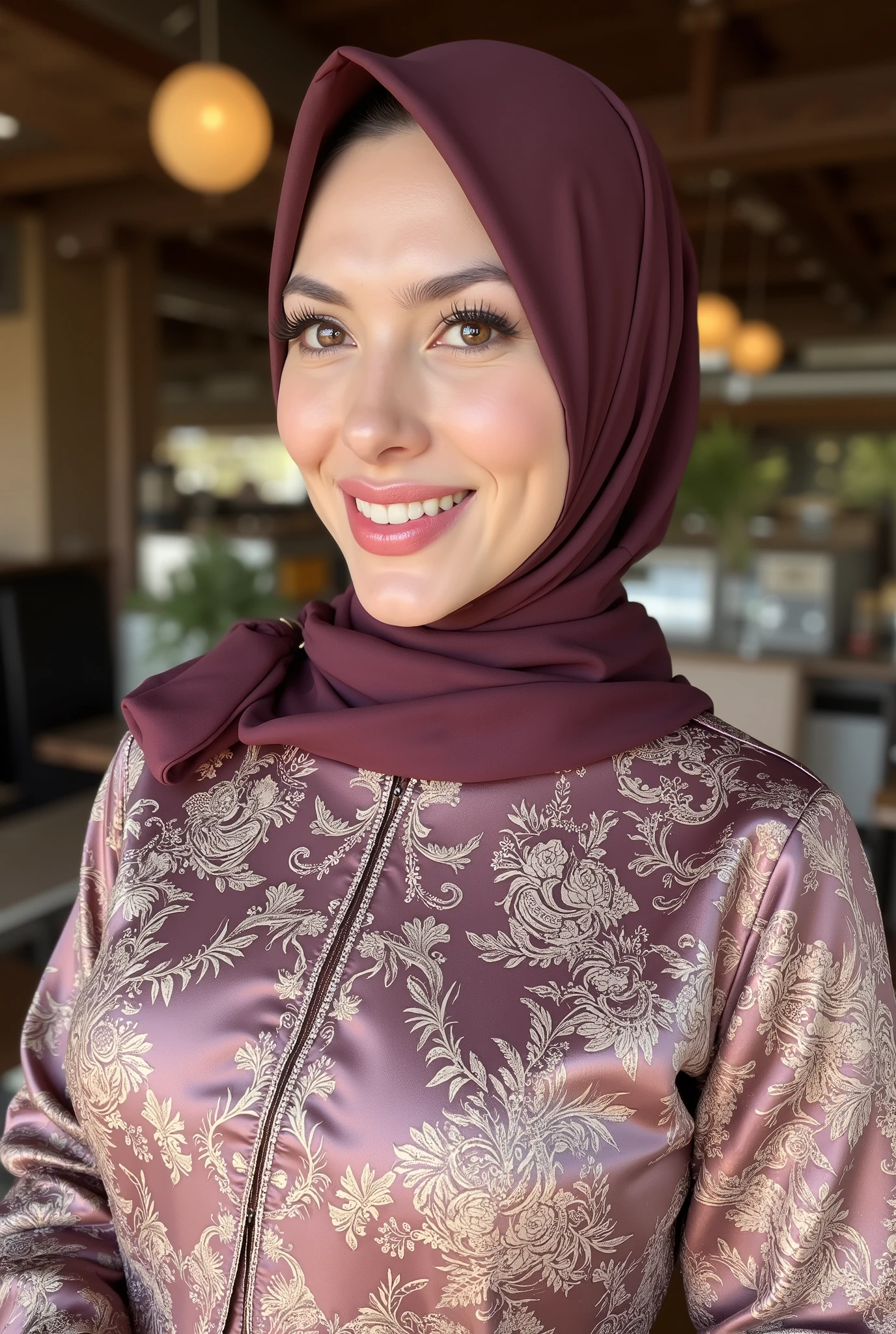 hyper HD, Masterpiece, Textured skin, 8K, Best quality of potrait a Beautiful hijab asian woman white fairy skin wearing kebaya outfit , perfect veil hijab muslimah style, detail scarf , close-up half body , happy vibes, beauty smile open mouth showing teeth , smiling confident , looking at viewer, aside dynamic relax pose , large breasts , upper muscle body slightly thick , ultrarealistic , hyper detail , sharp and smooth , best quality , high resolution .