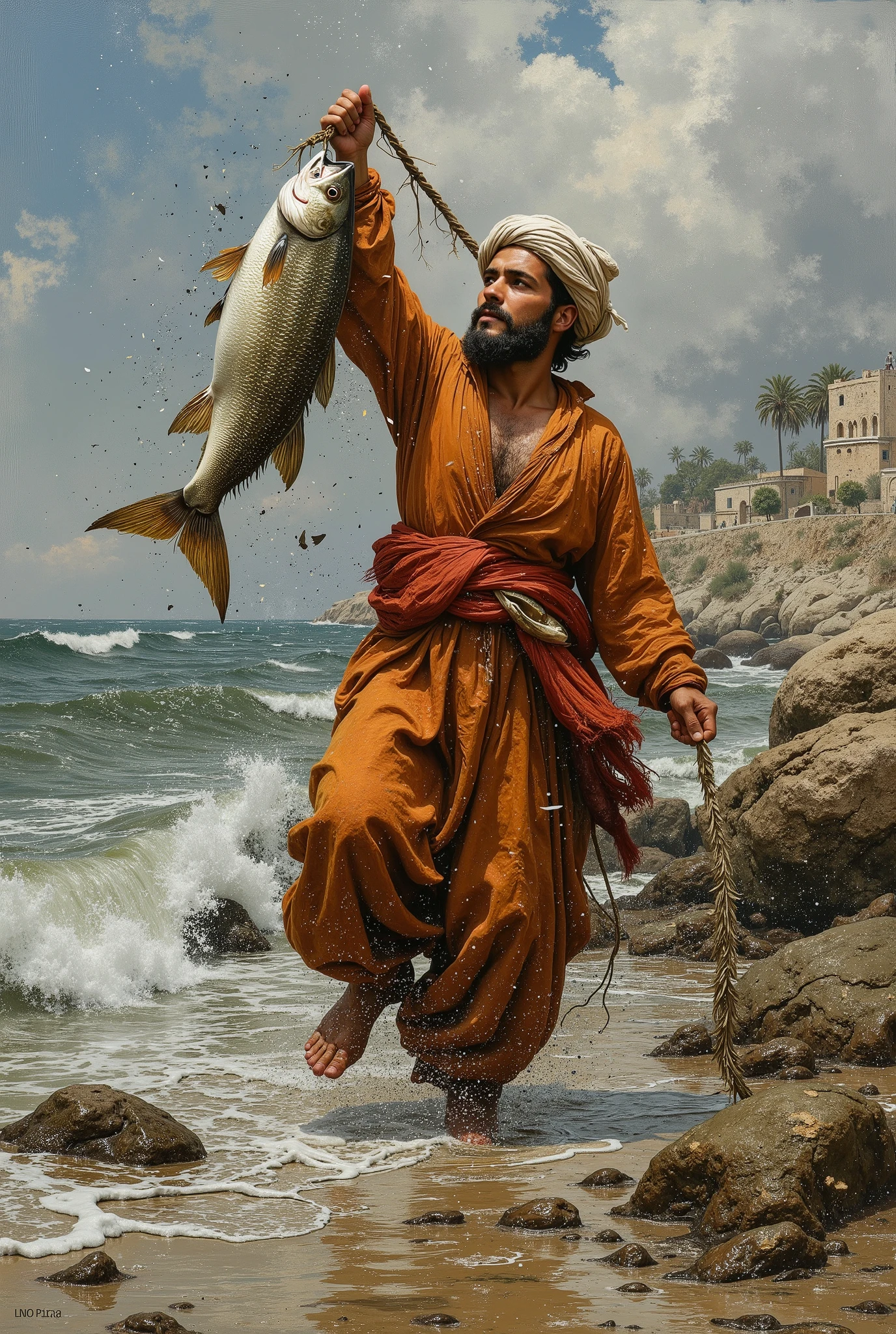 created a painting with oil painting with huge details , In the style of the artist Leonardo Davinci , The art of the era of European Renaissance ,  A fully detailed painting of an Arab man (  45 years old) Fish are caught on sea rocks and the waves are heavy. . The man holds the Kasbah, lifts it up strongly and drags the fish. The picture has the signs of movement and power  . . The background shows the anger of nature, the image seems cinematic, the angle of view is not taken in front of the man ( The full picture of the man inside the frame and the view from the front ) 
