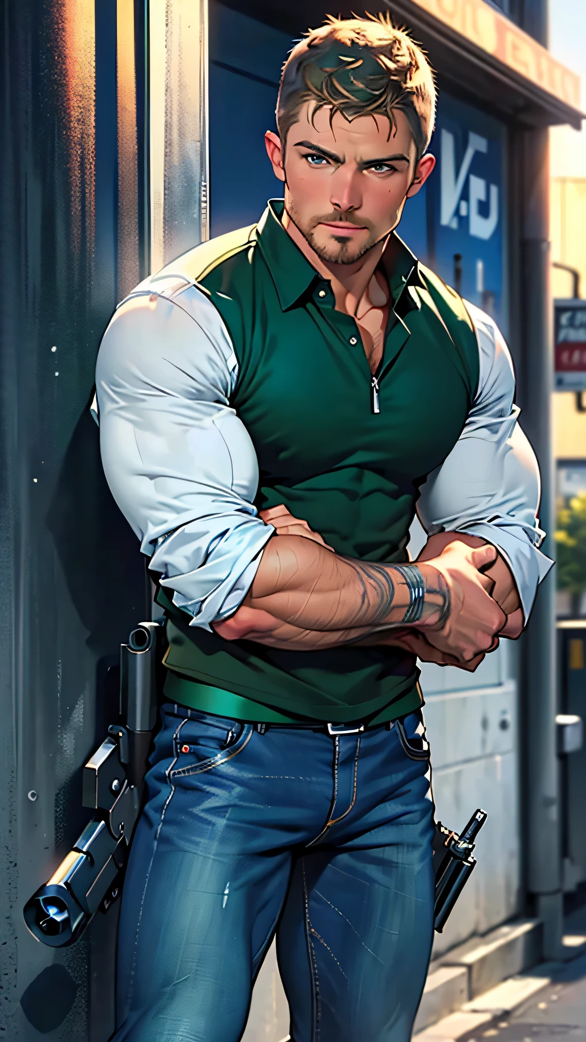 vpl,vpl,1 man, male focus solo,45 yo man, (((Stephen AMELL as private investigator))), lean muscle, open blue shirt, marine blue jeans with brown belt ,( bulge), full body shot, dark blond short hair, BLUE GREEN EYES , well groomed facial hair, (((( HANDS CROSSED , holding TWO guns IN BOTH HANDS LIKE JAMES BOND )))) (((SPREAD LEGS , VERY MANLY APPERANCE ))), ultra high quality, masterpiece, ( ever changing background, blue and white and green arabesques lines in the background)