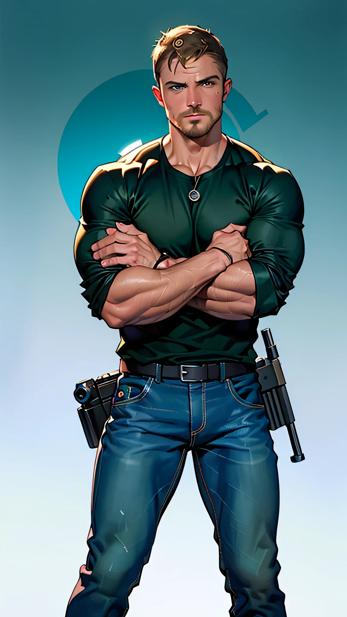vpl,vpl,1 man, male focus solo,45 yo man, (((Stephen AMELL as private investigator))), lean muscle, open blue shirt, marine blue jeans with brown belt ,( bulge), full body shot, dark blond short hair, BLUE GREEN EYES , well groomed facial hair, (((( HANDS CROSSED , holding TWO guns IN BOTH HANDS LIKE JAMES BOND )))) (((SPREAD LEGS , VERY MANLY APPERANCE ))), ultra high quality, masterpiece, ( ever changing background, blue and white and green arabesques lines in the background)