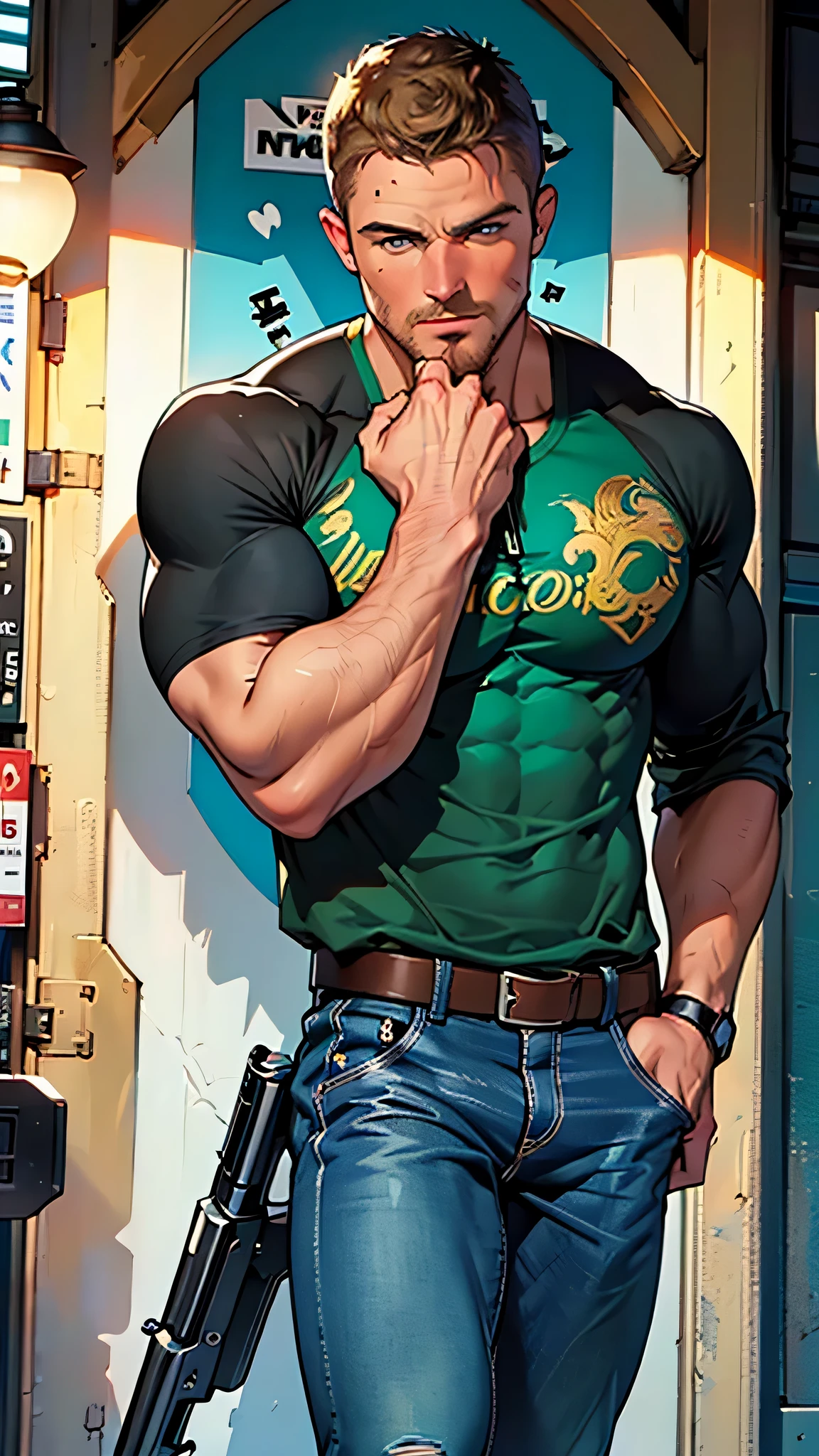 vpl,vpl,1 man, male focus solo,45 yo man, (((Stephen AMELL as private investigator))), lean muscle, open blue shirt, marine blue jeans with brown belt ,( bulge), full body shot, dark blond short hair, BLUE GREEN EYES , well groomed facial hair, (((( HANDS CROSSED , holding TWO guns IN BOTH HANDS LIKE JAMES BOND )))) (((SPREAD LEGS , VERY MANLY APPERANCE ))), ultra high quality, masterpiece, ( ever changing background, blue and white and green arabesques lines in the background)