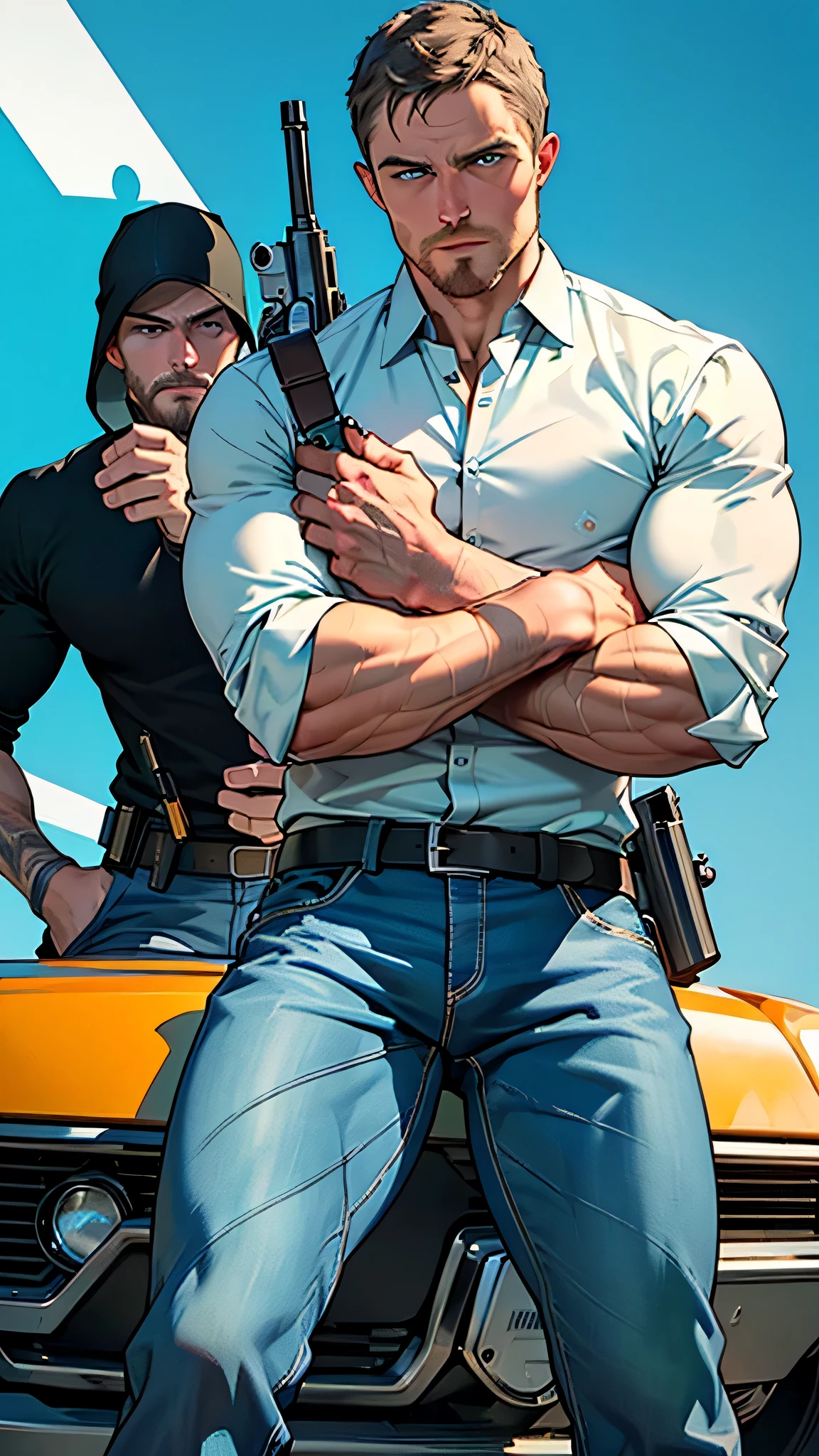 vpl,vpl,1 man, male focus solo,45 yo man, (((Stephen AMELL as private investigator))), lean muscle, open blue shirt, marine blue jeans with brown belt ,( bulge), full body shot, dark blond short hair, BLUE GREEN EYES , well groomed facial hair, (((( HANDS CROSSED , holding TWO guns IN BOTH HANDS LIKE JAMES BOND )))) (((SPREAD LEGS , VERY MANLY APPERANCE ))), ultra high quality, masterpiece, ( ever changing background, blue and white and green arabesques lines in the background)