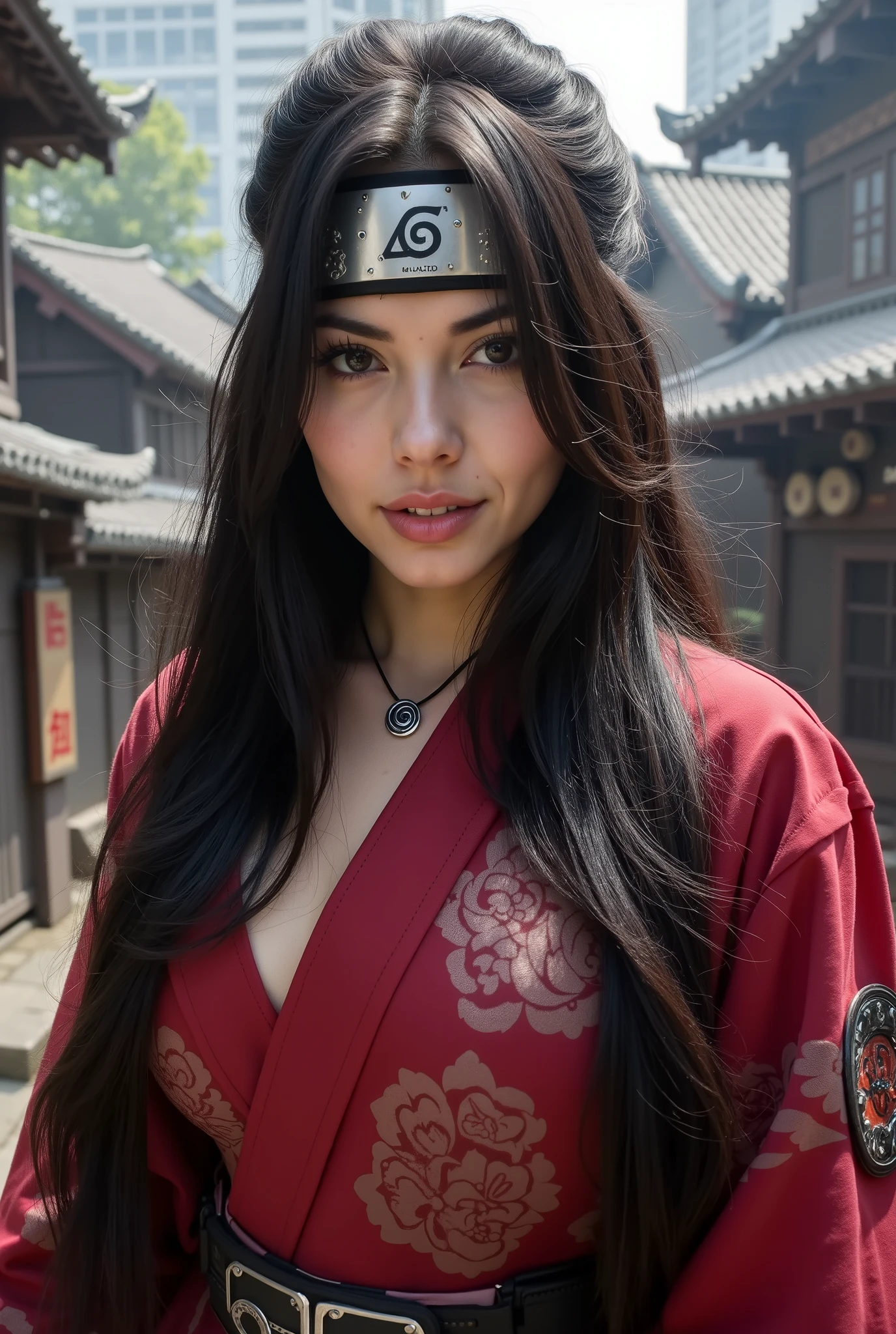 masterpiece, best quality, ultra-detailed, upper body shot, 1girl , woman focus, hashirama senju outfit , gigantic breasts , wearing red armor, long black hair, Konoha headband, cool attitude, dinamic lighting, vivid colours, Urban Background ,