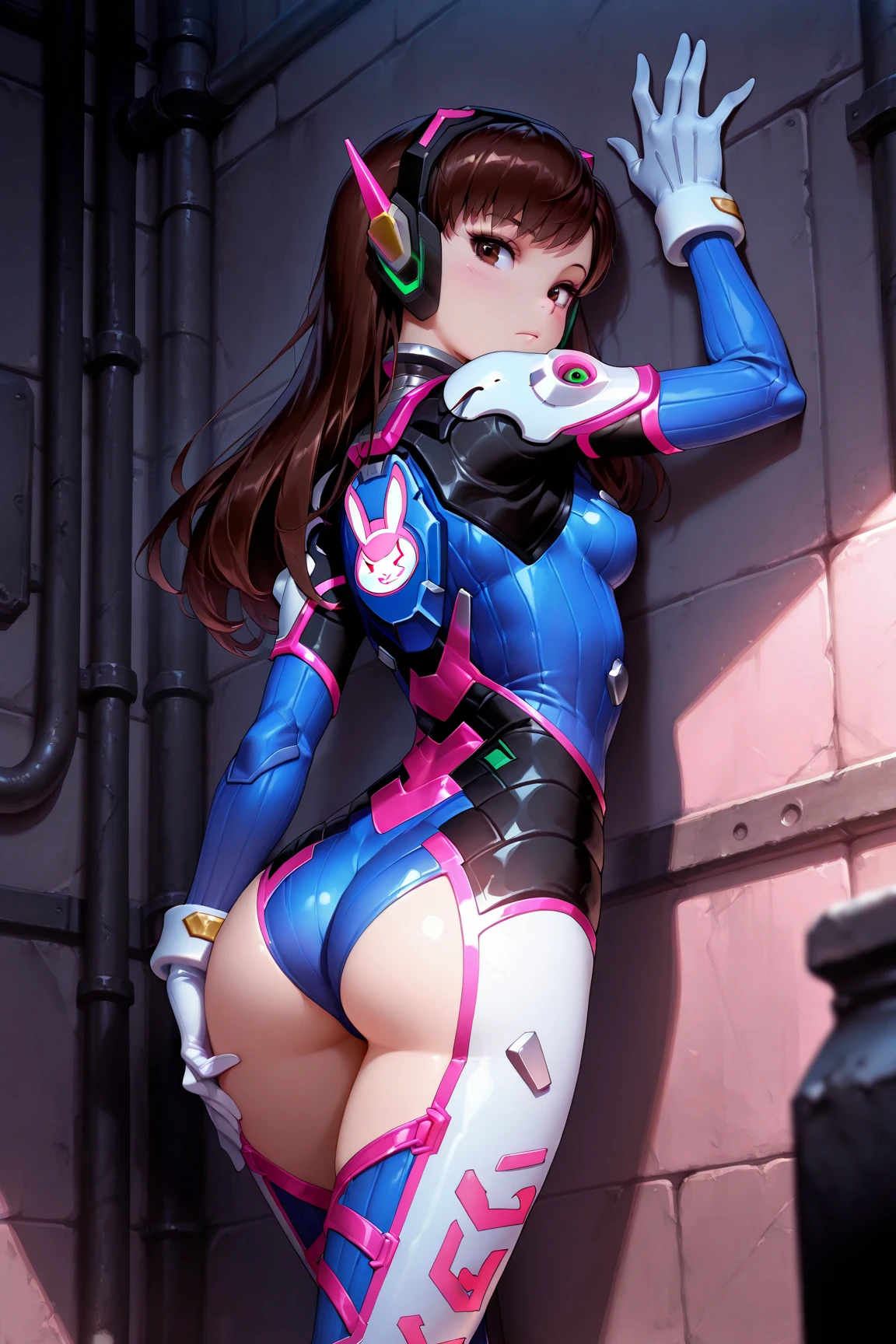 (masterpiece), (best quality),blue_, 1girl, d.va_\(overwatch\),  animal_print, bangs, , bracer, medium_breasts,  brick_wall, brown_eyes, brown_hair, whisker_markings, bunny_print, pilot_suit, pink_lips, ribbed_, character_name, checkered_background, clothes_writing, facepaint, gloves, headphones, high_collar, honeycomb_\(pattern\), honeycomb_background, lips, long_hair, looking_at_viewer,  solo, standing, swept_bangs, thigh_strap, tile_floor, tile_wall, tiles, turtleneck, white_footwear, white_gloves,pilot_suit,shoulder_armor, shoulder_pads, (kbxll:0.6),