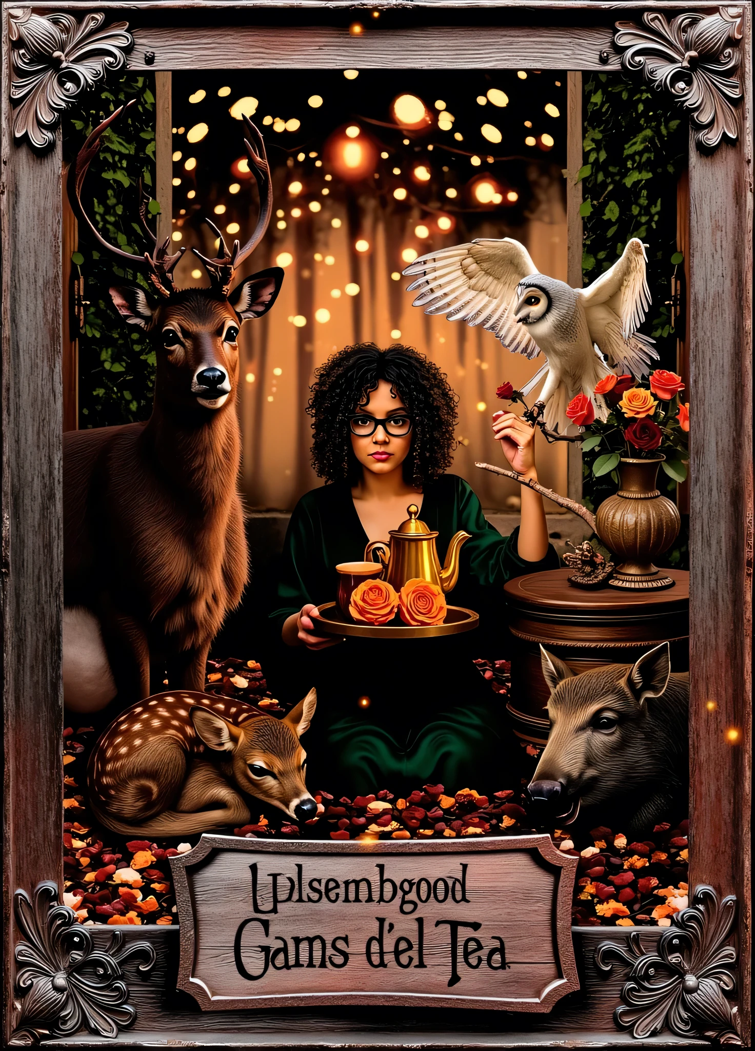 A realistic, highly detailed, and stylized photograph. The subject is a woman with curly black hair, wearing black-framed glasses and a dark green dress. She sits on the floor on a carpet of red and orange rose petals. In her left hand, she holds a tray with a golden teapot, a matching teacup, and an orange rose. In her right, she holds a rose, which she extends toward a white owl with outstretched wings, perched on a pedestal to her right. To her left, a brown stag with large antlers stands upright, and at its feet, a fawn sleeps. To her right, a gray wild boar watches her with a curious expression. The background is a rustic wooden wall, dimly lit and adorned with round orange lights that create a warm and charming atmosphere. A decorative vase filled with red roses rests on the pedestal next to the owl. The photograph's frame is ornate, with intricate carved wooden motifs. At the bottom center of the frame, a rectangular sign, worn by time, displays the text "Uncle's Amazing Girl" in an old-fashioned serif font. The overall style blends fantastical and realistic elements, creating a warm and magical atmosphere.