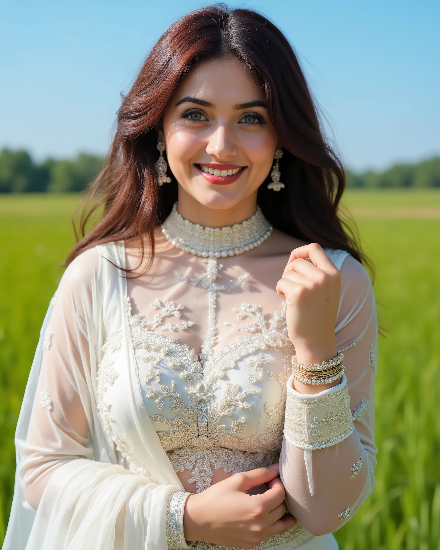 ashk, A cinematic portrait of a 20-year-old Indian girl with smiling look, fair skin tone, light grey eyes, fox eyelashes, thin eyebrows, black eye liner, silver eyeshadow, natural blush, and red lipstick. Her hairs are long, brown, wavy and stylish. She is wearing a luxurious white saree with intricate pearl and gold embroidery, featuring a high-neck, long-sleeved sheer blouse adorned with pearls. A sheer, pearl-embellished dupatta drapes gracefully over her shoulders. She wears a delicate pearl and gold necklace and earrings, and stacked pearl bracelets on her wrists. Her hand is gently touching her dupatta. The background is a meadow with lush green grass along with clear blue sky.