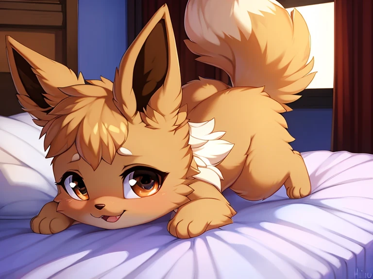 a super cute, young, and fluffy female feral eevee, laying on a bed,  expression, detailed  features, high quality, 8k, photorealistic, beautiful detailed eyes, extremely detailed face, finely detailed fur, presenting rear, canine , , solo, masterpiece, award winning, (petite:1.4)
