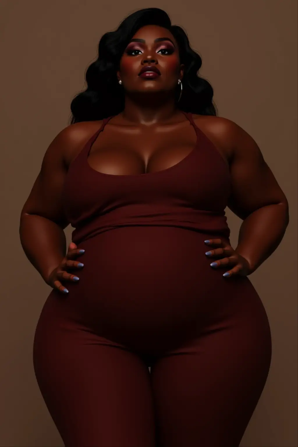 pregnant woman in black top and black pants reaching out, large round belly, thick and round belly, chubby woman, chubby belly, big belly, folds of abdominal flap, chubby, large belly, curvy woman, pregnant belly, portrait of a chubby woman, a chubby