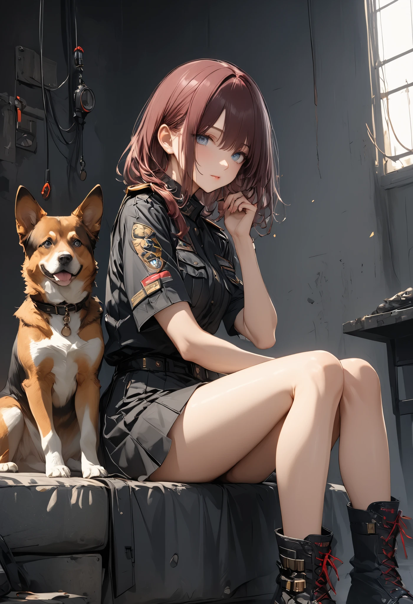 Female warrior transcendental beautiful girl Amazing Hunter Insect Hunter Desolate Earth Rubble on the Other Side Insect Hunter、Female ant hunter、giant black bug、masterpiece,(masterpiece),fuill body ,best quality ,(Highest Quality), cinematiclighting ,(cinematic lighting)、beautiful detailed eyes ,eye detail connected to an electric wire,uitra-detailed,(Super Detailed),highresolution, (high definition),8k,8K resolution,official art,(official illustration style),Short sleeve,Equipped with a great sword、satou pose、characteristic facial features、Strong expression、4Khigh definition、brown hair,shortcuts,disheveled hair,short braided hair,neat,Slender Beauty Sitting With Her Dog On The Couch,correct attitude,small breasted,beautiful legs,has enchanting gray-blue eyes that shine like stars,Saggy Eyes,bright color,beautiful eyes,A delicate smile,Textured Skin,Highest Quality,gentle and beautiful woman,anime style、realistic texture、Professional Digital Art、Weapon Reflections、Desolate Background、dramatic atmosphere、dark fantasy、Digital Paint