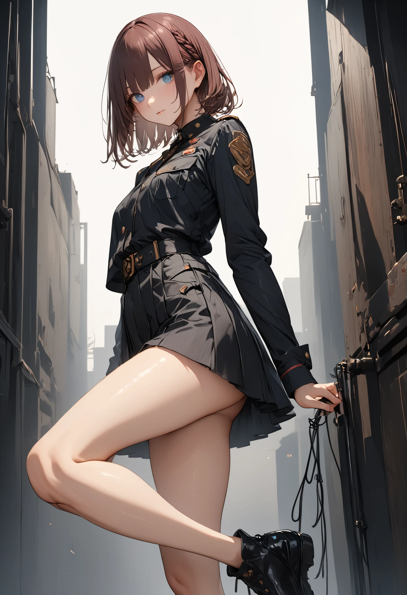 A girl kicks an ant about 2 meters in size、masterpiece,(masterpiece),fuill body ,best quality ,(Highest Quality), cinematiclighting ,(cinematic lighting)、beautiful detailed eyes ,eye detail connected to an electric wire,uitra-detailed,(Super Detailed),highresolution, (high definition),8k,8K resolution,official art,(official illustration style),brown hair,shortcuts,unkempt hair,Short braided hair,Neat,slender beauty,correct attitude,small breasted,beautiful legs,Her enchanting gray-blue eyes are shining like stars,Saggy Eyes,bright color,beautiful eyes,A delicate smile,Textured Skin,BEST QUALITY THE BEST,gentle and beautiful woman,anime style、