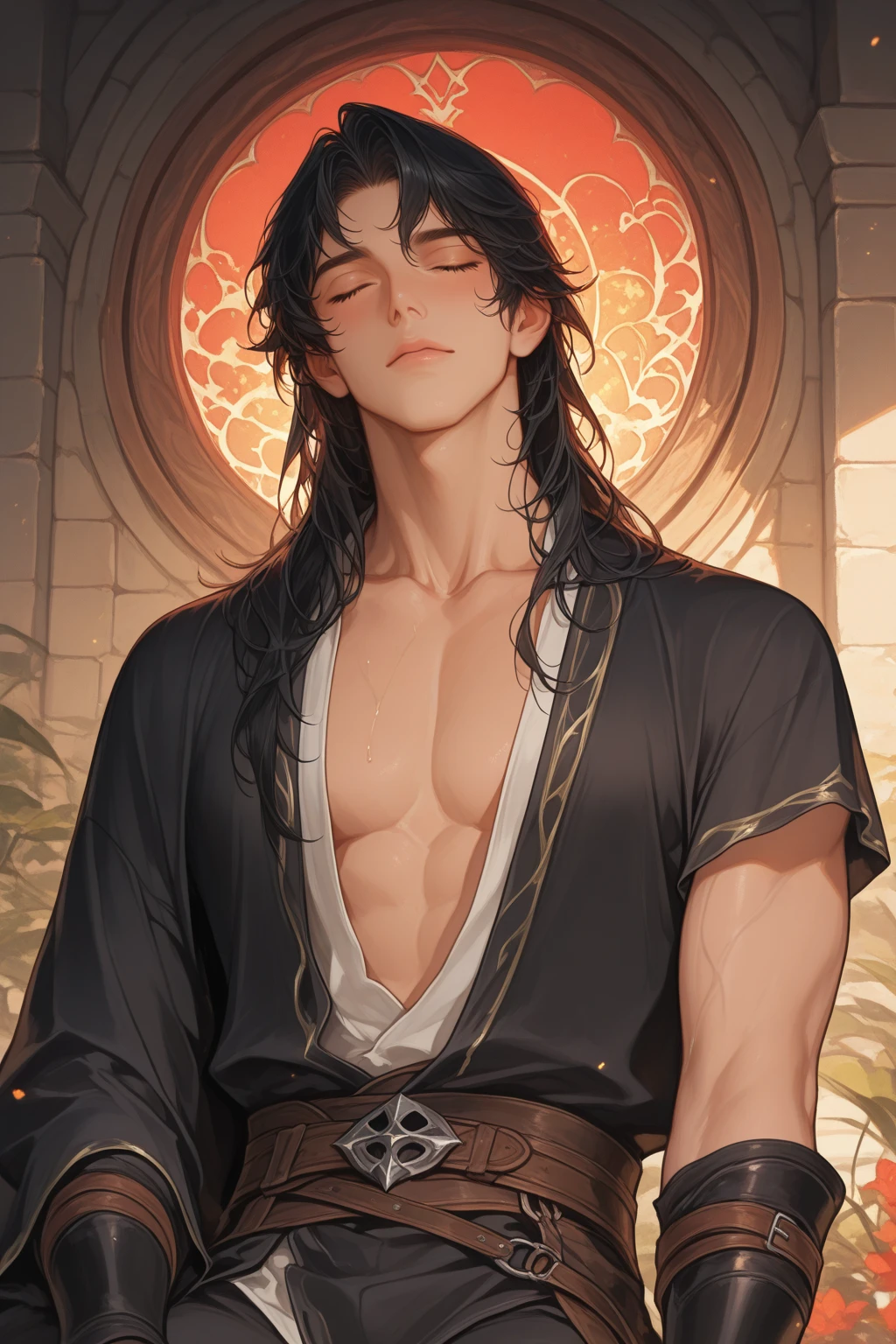 He is an adult indigenous man with Mexican features, and sun-kissed brown skin. His short black hair contrasts with his intense, expressive dark eyes. High, well-defined cheekbones complement his sharply contoured face. His pointed ears add a unique and distinctive detail to his appearance. He exudes a strong, serene presence, deeply connected to his cultural roots, Full body, master piece, perfect face.