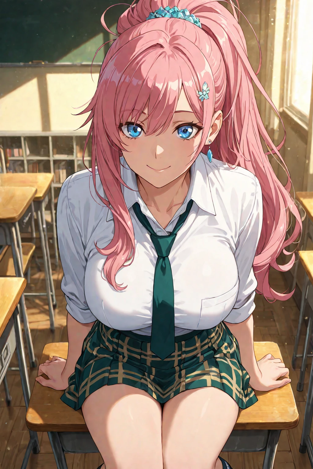 {{masterpiece}},{{Highest quality}},{{High resolution}},{{Caustics}},{{Familiar}},blush,
 smile,Louise Françoise Le Brun de La Valliere,Akabuchi Glasses Pink Hair,Pink Eyes, 黒break skirt, shirt, bow, ribbon, , white shirt, Short sleeve, Pleated skirt, collared shirt, , bowtie, 黒いloafers , Black Skirt, Black pantyhose, loafers, green bow, (pink sweater vest:1.5),,classroom,Sit on a chair,whole body,(Cowboy Shot:1. 5),break (masterpiece:1.2), Highest quality, High resolution, unity 8k wallpaper, (shape:0.8), (Fine and beautiful eyes:1.6), Highly detailed face, Perfect lighting, Highly detailed CG, (Perfect hands, Perfect ),