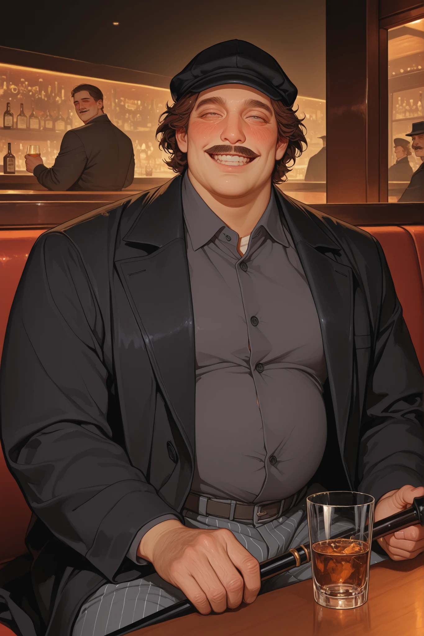 semi-realistic midjorney art style of a chubby fat older round man. He has a squared jaw and gruff facial features. He has a clean shaved face with a brown mustache. Short brown hair combed back. Wears a black newsboy caps with a black long high collard coat and dark grey button up shirt with grey twead pants. Dynamic pose Sitting in a booth seat of a bar while a glass of brown liqour is on the table before him. Looks drunk with a scary smile, holding a cane in his hand, mob boss