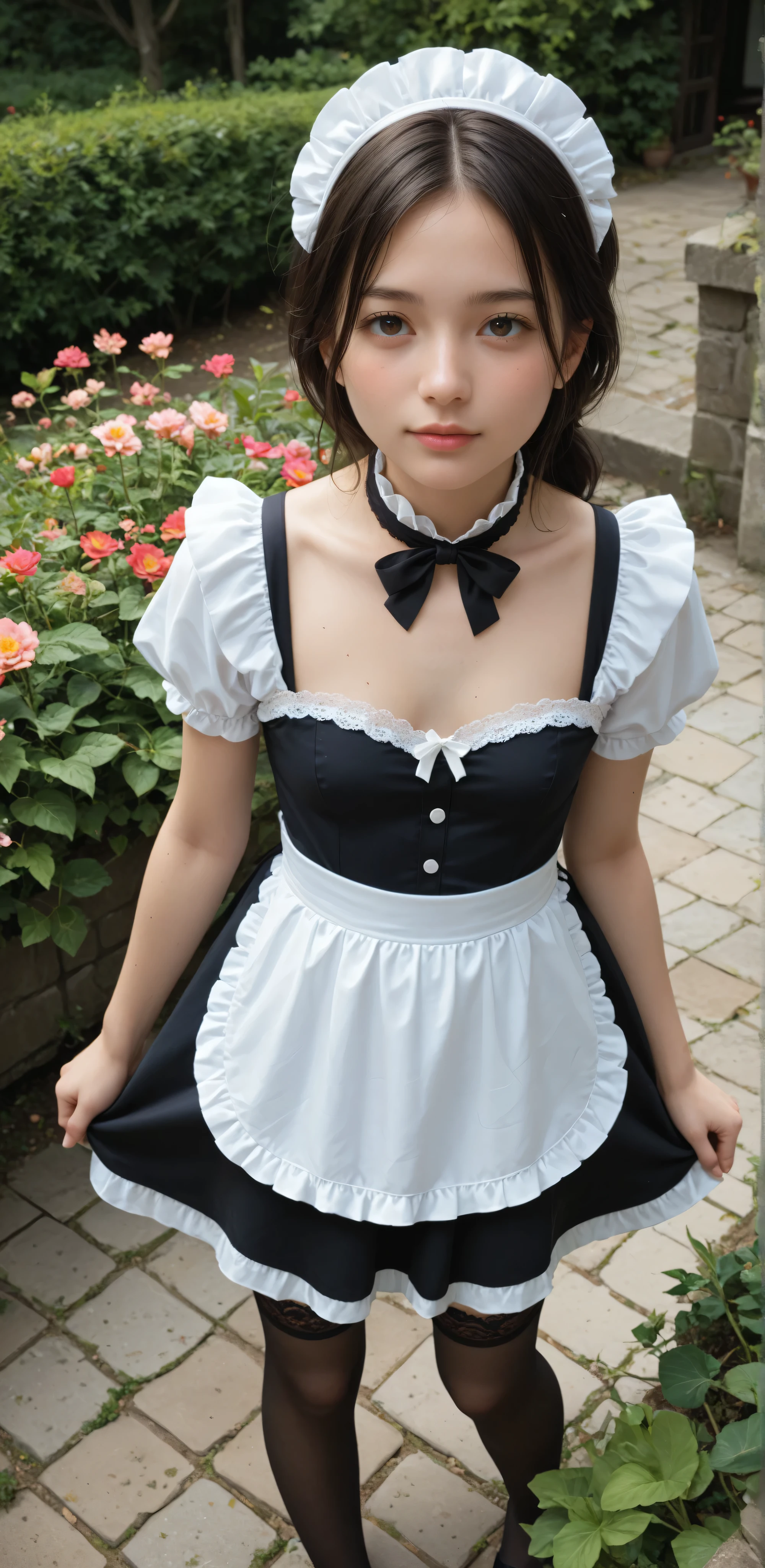 1 Girl、maids,Look at the audience,(skinny:0.64),(younger:0.60),from above,lean forward,(big boobs:-0.38),is watering flowers outside the mansion,japanese,(Smile Yang:0.24),black lace stockings