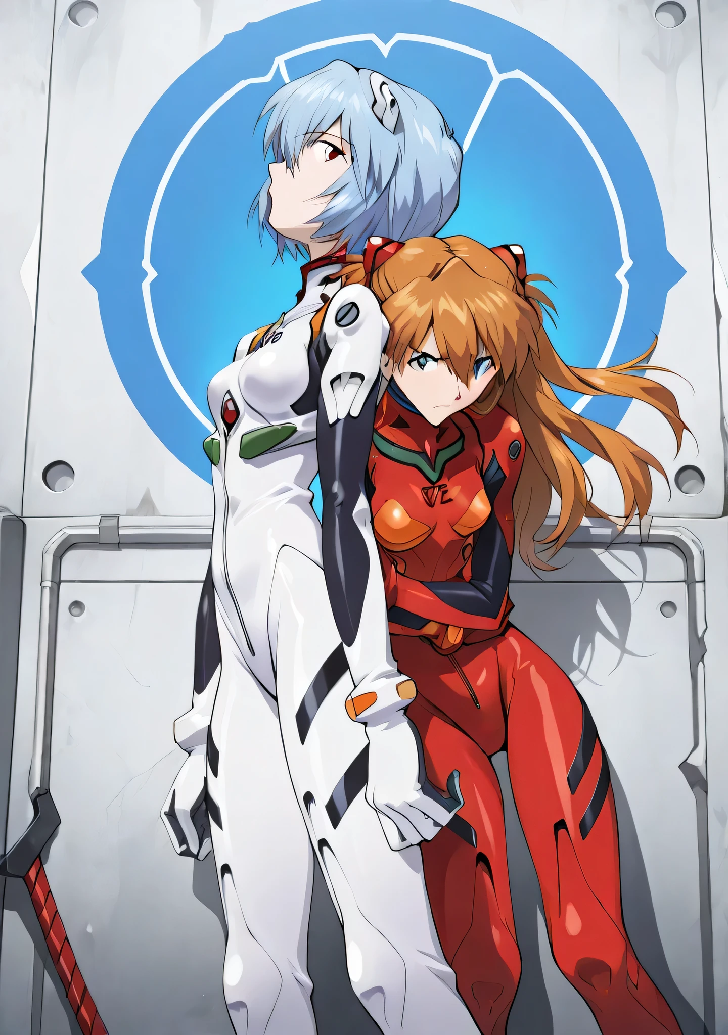 (masterpiece:1.5), (best quality:1.3), (ultra-detailed:1.2), (anime style:1.2), 2girls, souryuu asuka langley (Neon Genesis Evangelion), ayanami rei (Neon Genesis Evangelion), dramatic side composition, both girls standing back-to-back in side view, profile angle, facing opposite directions but visible together in frame.
**Asuka Side:** clutching her own arms in a defensive posture, angry expression with eyes showing vulnerability, red digital barrier piercing her shadow, warm orange highlights, vivid red matte plugsuit with visible scratches (80% roughness), white printed number **02** and small NERV logo on chest and shoulder.
**Rei Side:** hands lightly touching a blue digital barrier, calm expression with a single tear, blue glow reflecting softly on her pale skin, cool blue lighting, glossy deep blue plugsuit with reflective sheen (70% gloss), white printed number **00** and subtle NERV logo near collar.
**Dual Lighting:** strong warm vs cool contrast “Conflict Mode,” ambient light overlap where colors meet.
**Background:** neon-lit NERV corridor in side perspective, depth fading into darkness, broken EVA restraint cables on the ground, faint mist and subtle cinematic haze, soft rim lighting for depth and focus.