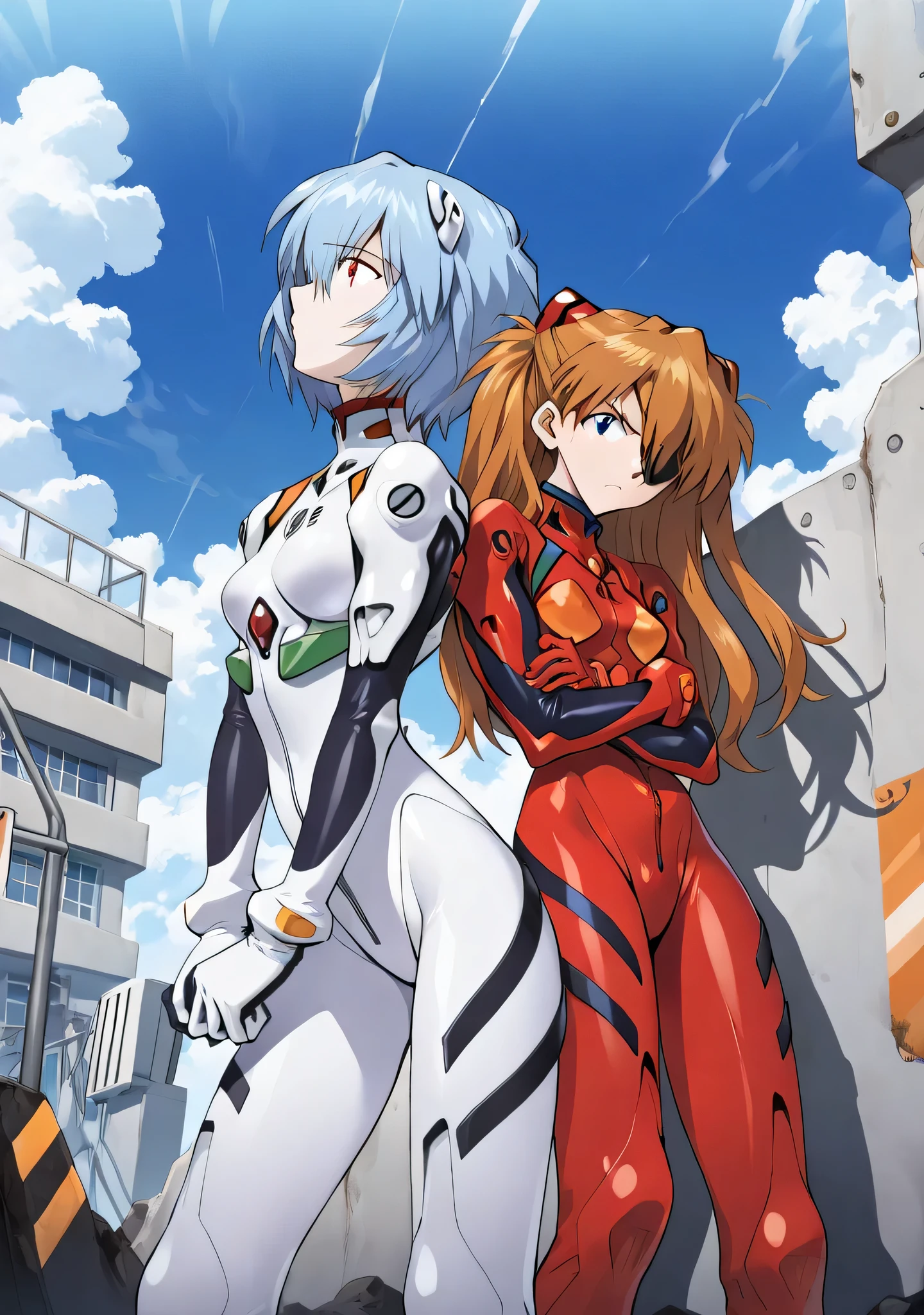 (masterpiece:1.5), (best quality:1.3), (ultra-detailed:1.2), (anime style:1.2), 2girls, souryuu asuka langley (Neon Genesis Evangelion), ayanami rei (Neon Genesis Evangelion), dramatic side composition, both girls standing back-to-back in side view, profile angle, facing opposite directions but visible together in frame.
**Asuka Side:** clutching her own arms in a defensive posture, angry expression with eyes showing vulnerability, red digital barrier piercing her shadow, warm orange highlights, vivid red matte plugsuit with visible scratches (80% roughness), white printed number **02** and small NERV logo on chest and shoulder.
**Rei Side:** hands lightly touching a blue digital barrier, calm expression with a single tear, blue glow reflecting softly on her pale skin, cool blue lighting, glossy deep blue plugsuit with reflective sheen (70% gloss), white printed number **00** and subtle NERV logo near collar.
**Dual Lighting:** strong warm vs cool contrast “Conflict Mode,” ambient light overlap where colors meet.
**Background:** neon-lit NERV corridor in side perspective, depth fading into darkness, broken EVA restraint cables on the ground, faint mist and subtle cinematic haze, soft rim lighting for depth and focus.